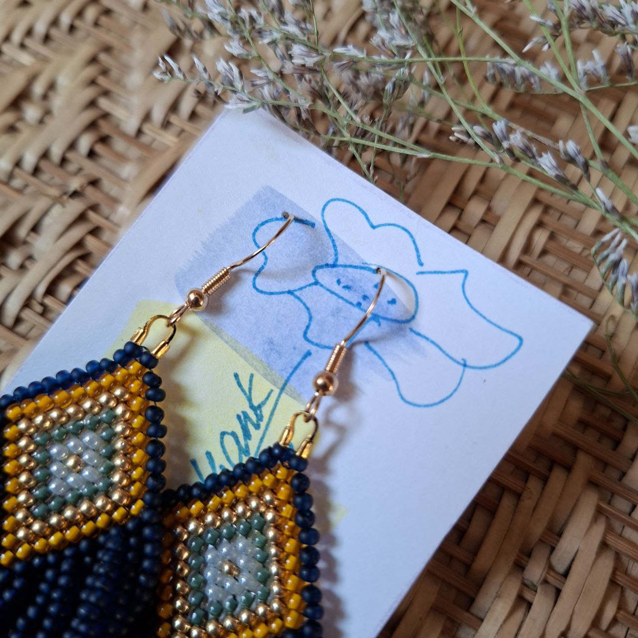 Beaded Fringe Earrings: Navy Blue, Yellow, and Milky Czech Beads
