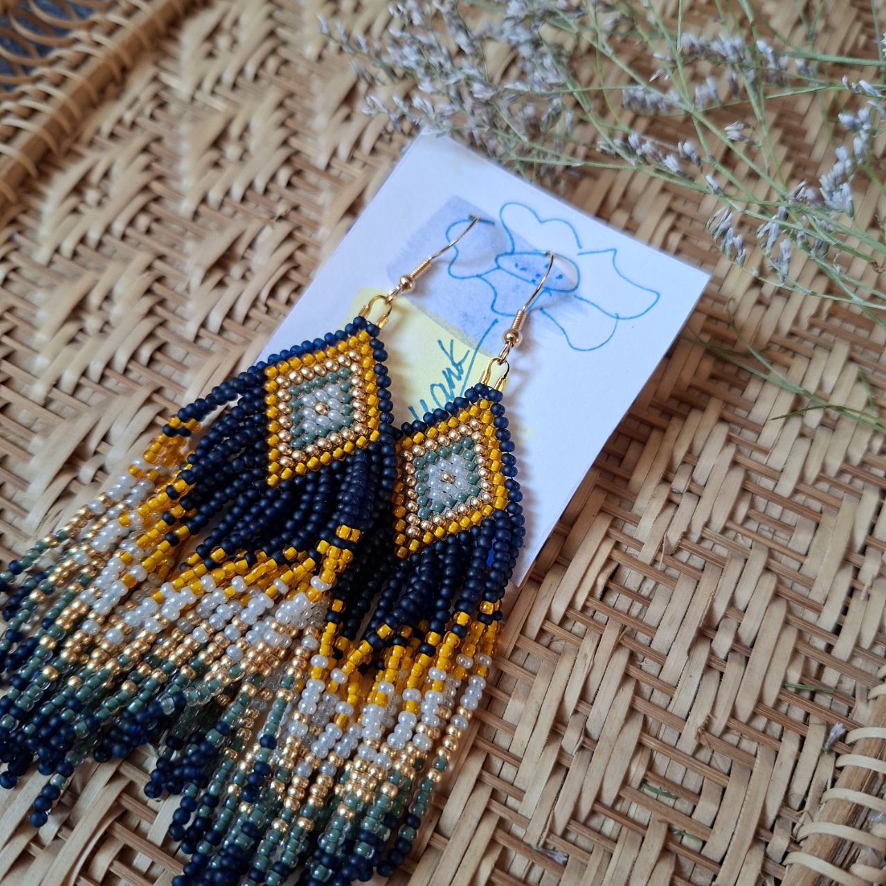 Beaded Fringe Earrings: Navy Blue, Yellow, and Milky Czech Beads