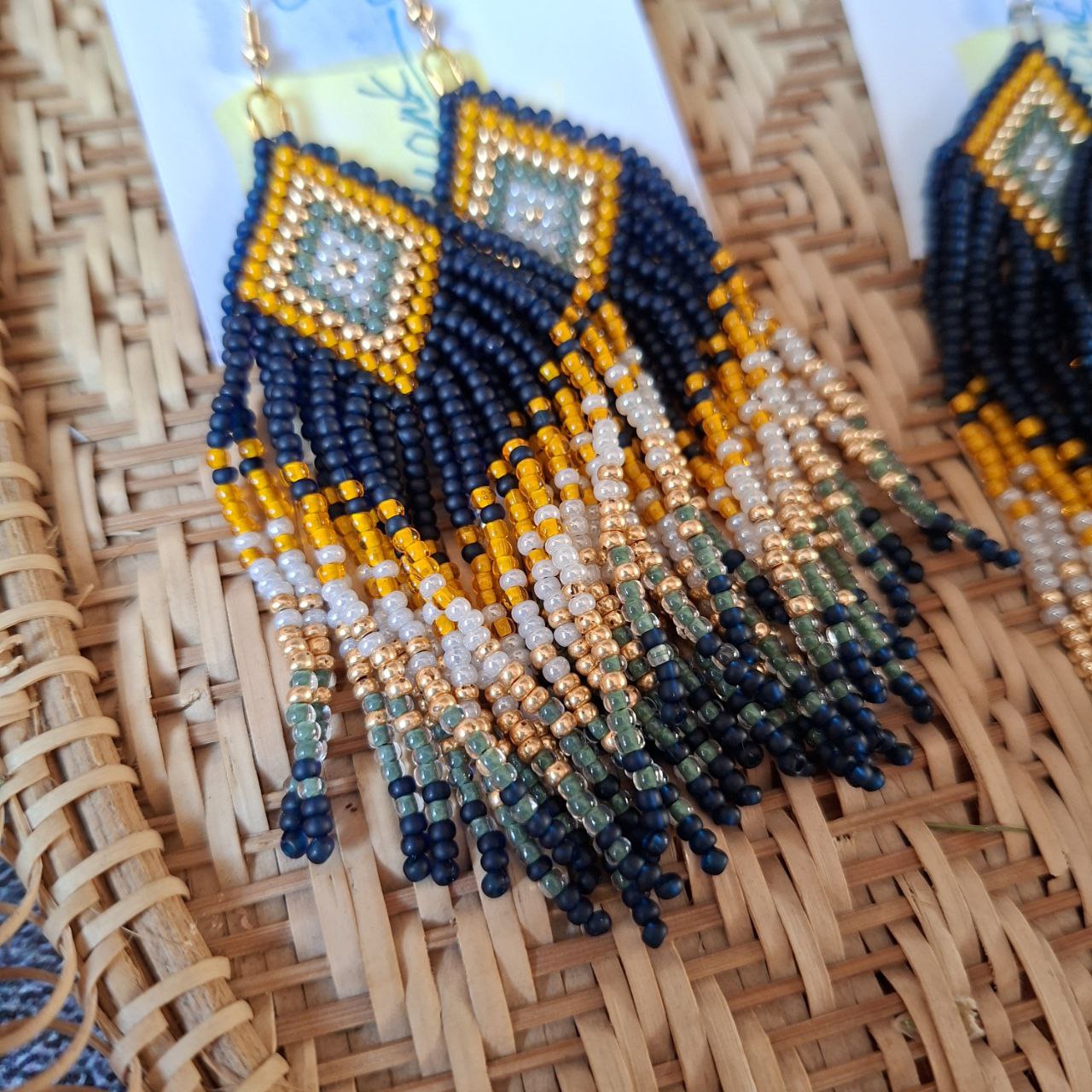 Beaded Fringe Earrings: Navy Blue, Yellow, and Milky Czech Beads