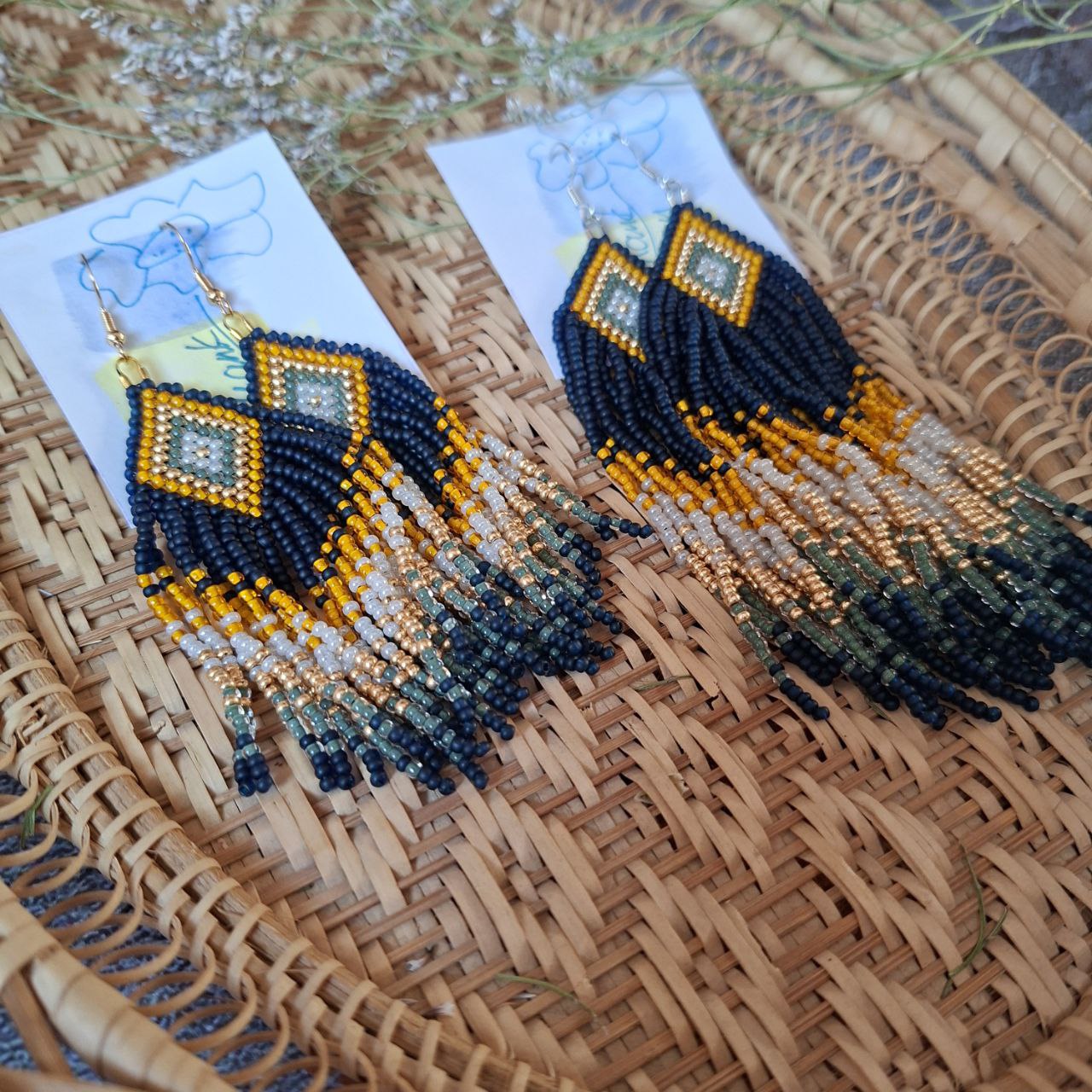 Beaded Fringe Earrings: Navy Blue, Yellow, and Milky Czech Beads