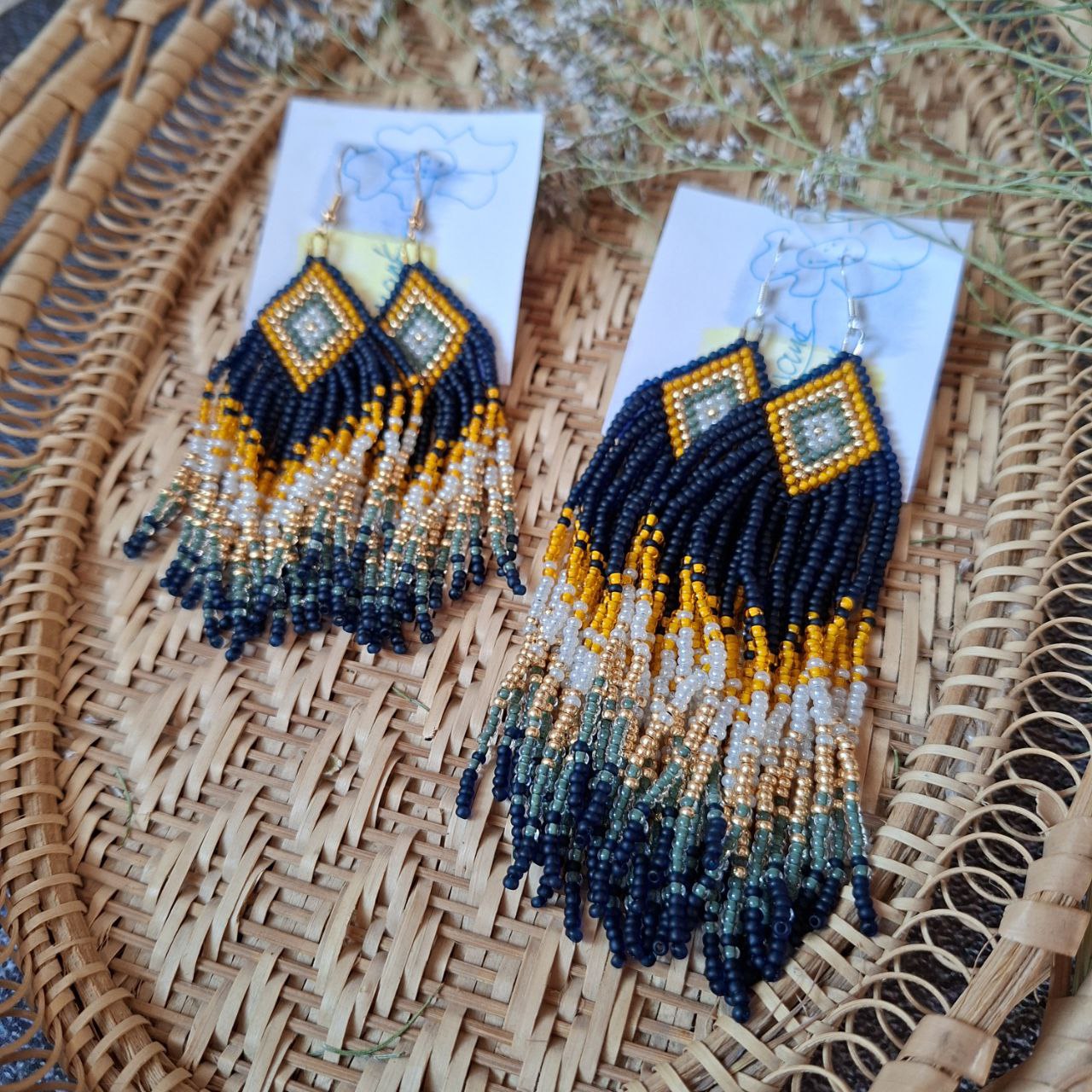 Beaded Fringe Earrings: Navy Blue, Yellow, and Milky Czech Beads
