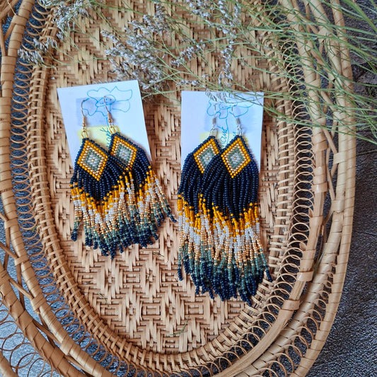 Beaded Fringe Earrings: Navy Blue, Yellow, and Milky Czech Beads