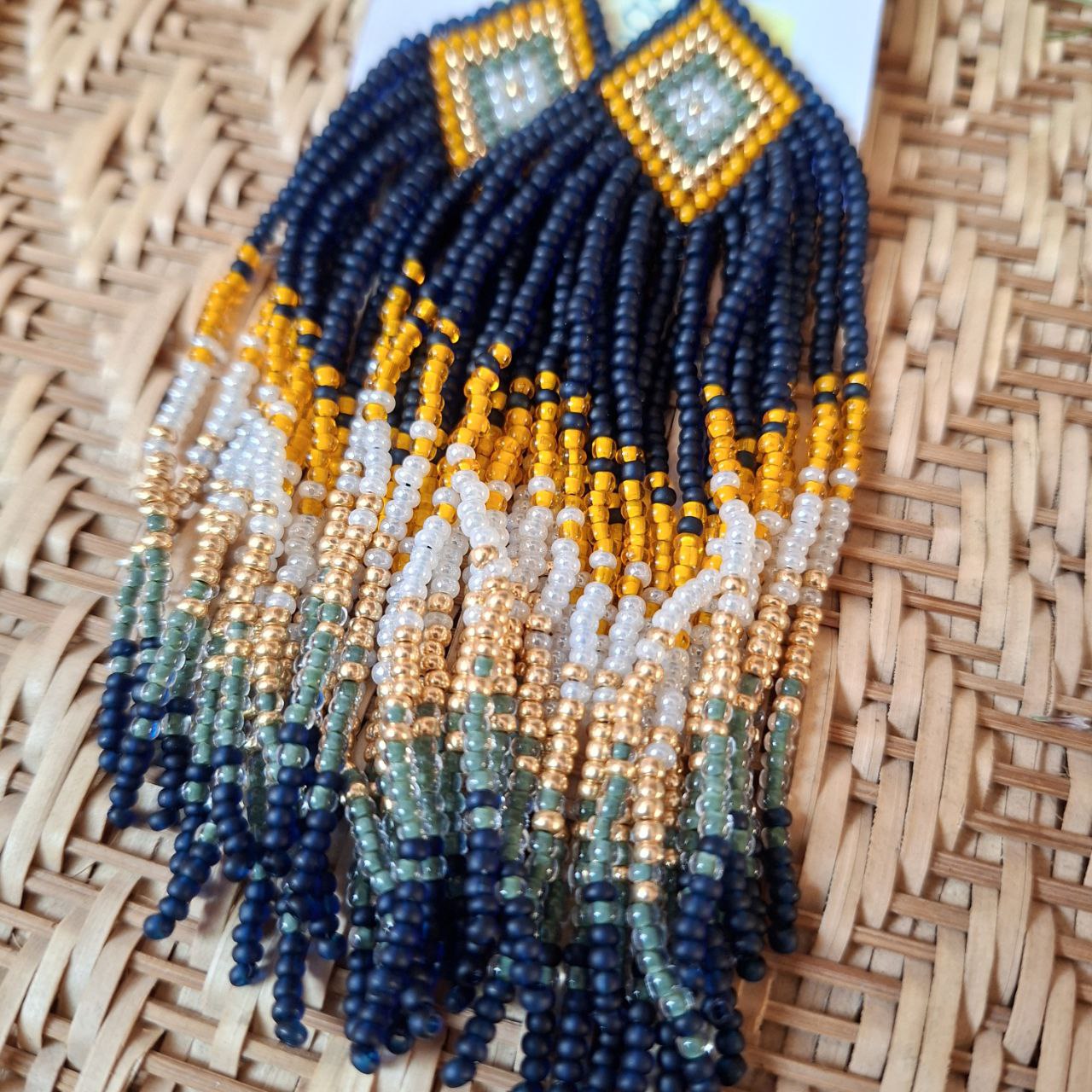 Beaded Fringe Earrings: Navy Blue, Yellow, and Milky Czech Beads