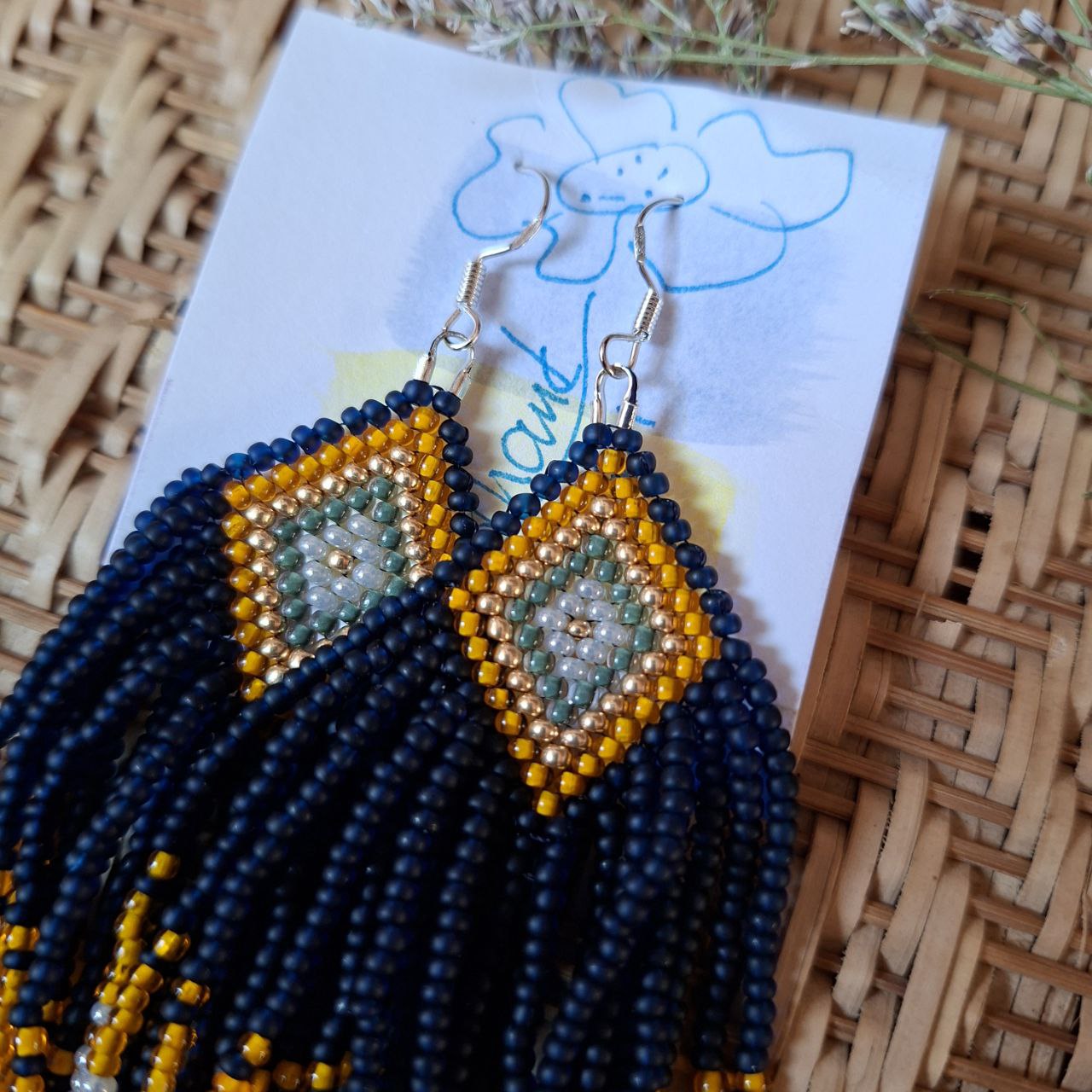 Beaded Fringe Earrings: Navy Blue, Yellow, and Milky Czech Beads