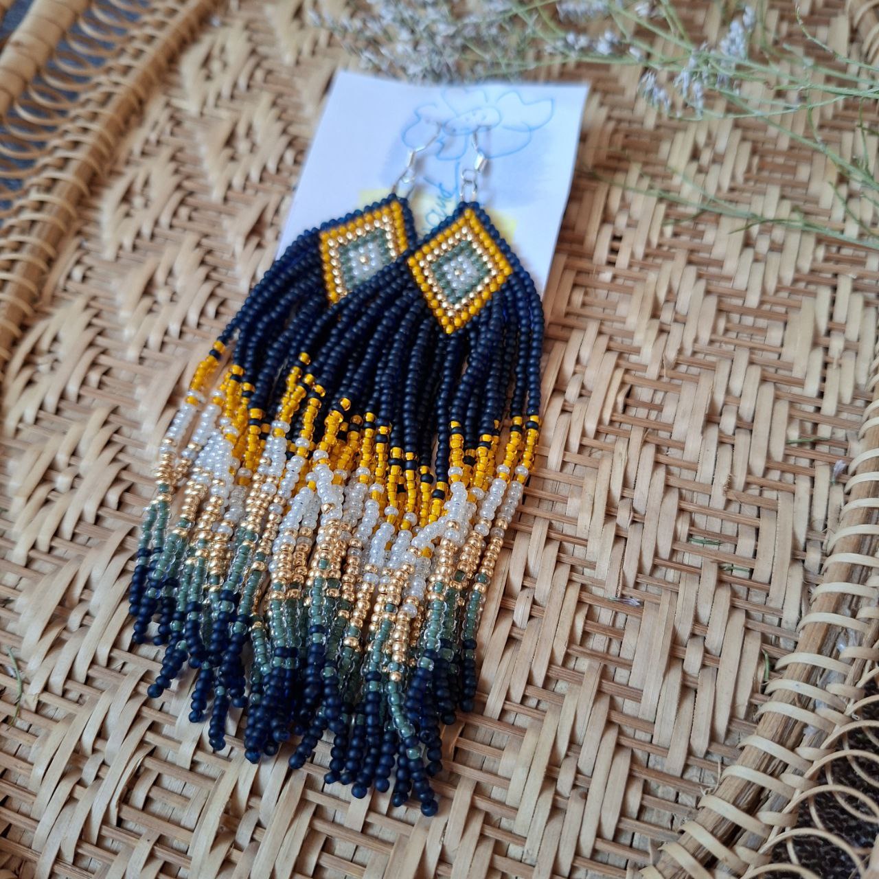 Beaded Fringe Earrings: Navy Blue, Yellow, and Milky Czech Beads