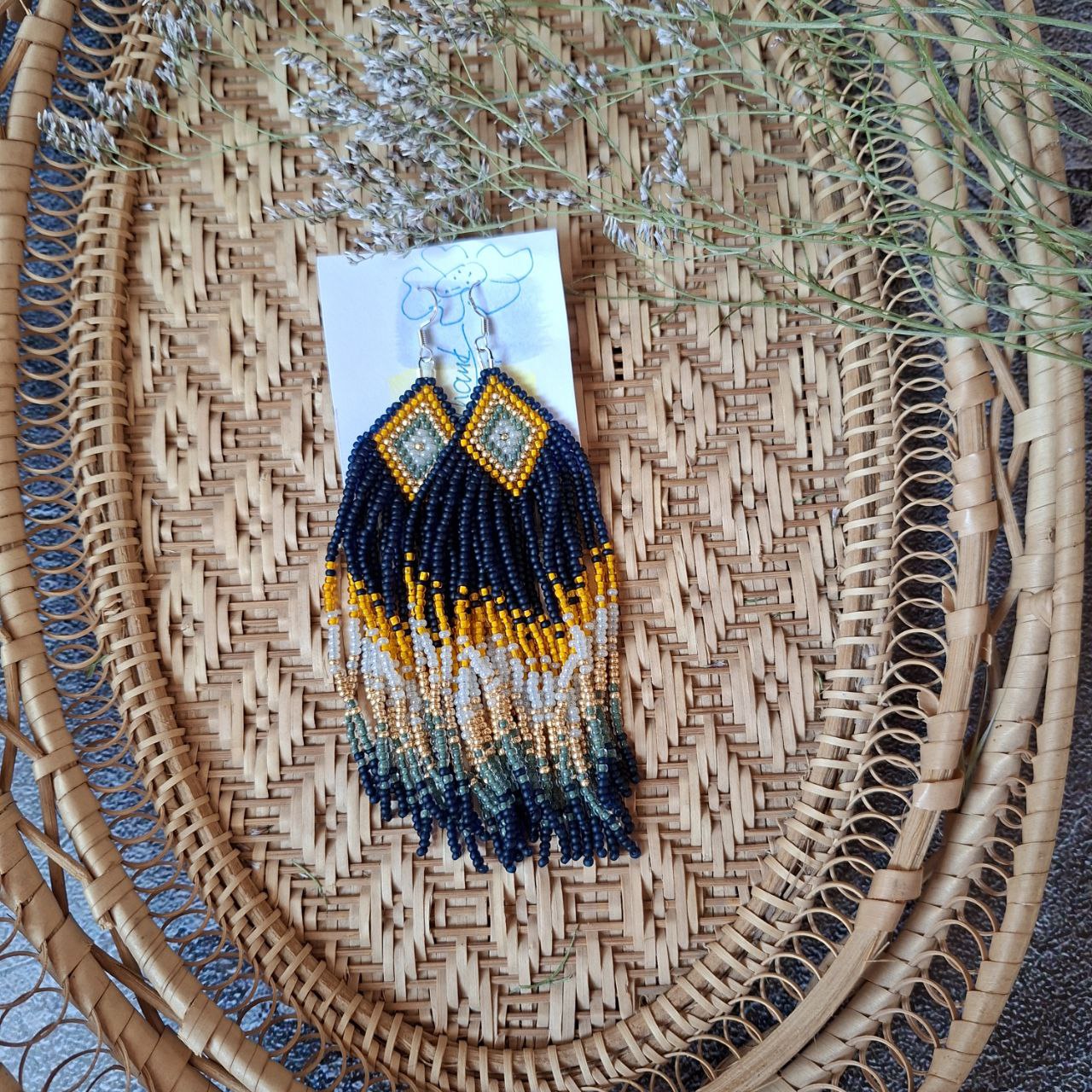 Beaded Fringe Earrings: Navy Blue, Yellow, and Milky Czech Beads