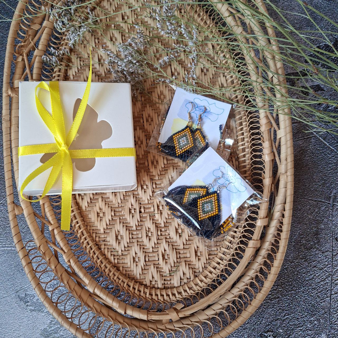 Beaded Fringe Earrings: Navy Blue, Yellow, and Milky Czech Beads