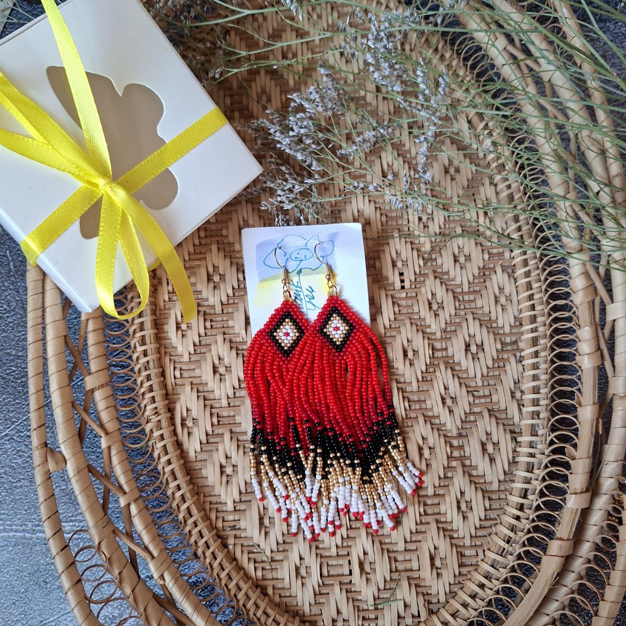 Elegant beaded earrings custom made, red, black and gold fringe options