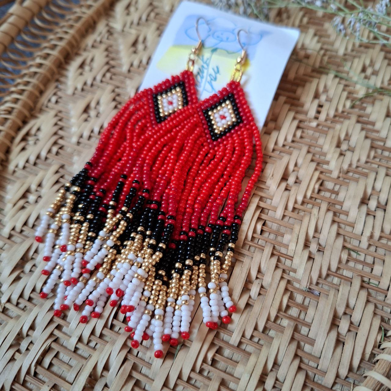 Elegant beaded earrings custom made, red, black and gold fringe options