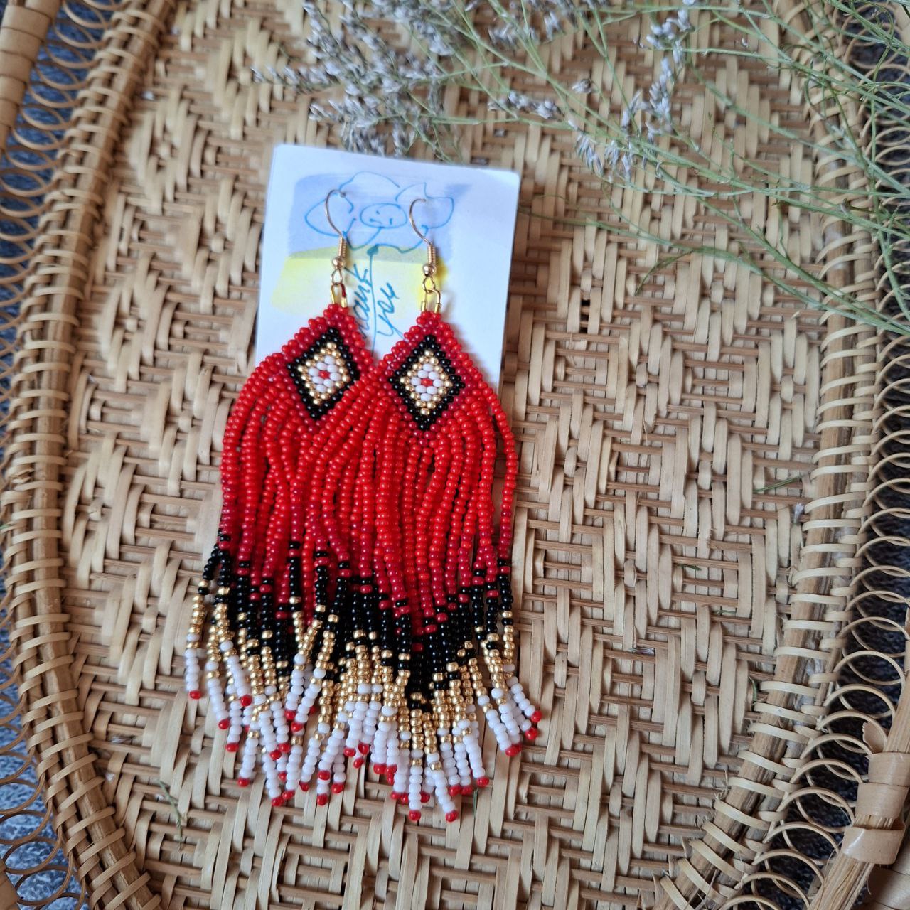 Elegant beaded earrings custom made, red, black and gold fringe options