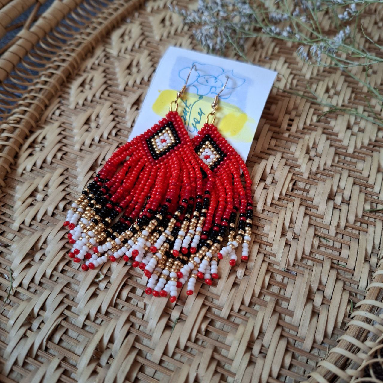 Elegant beaded earrings custom made, red, black and gold fringe options