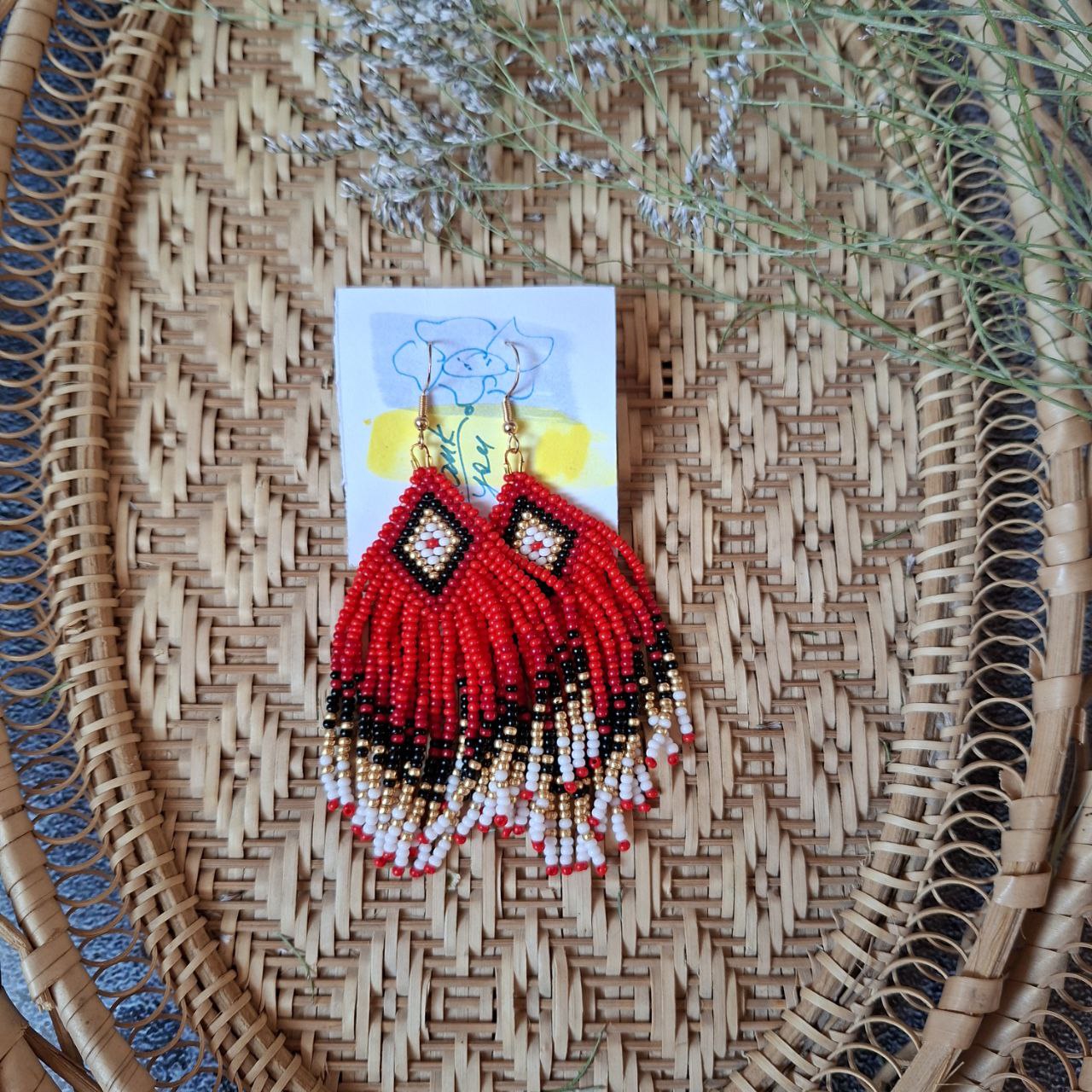 Elegant beaded earrings custom made, red, black and gold fringe options