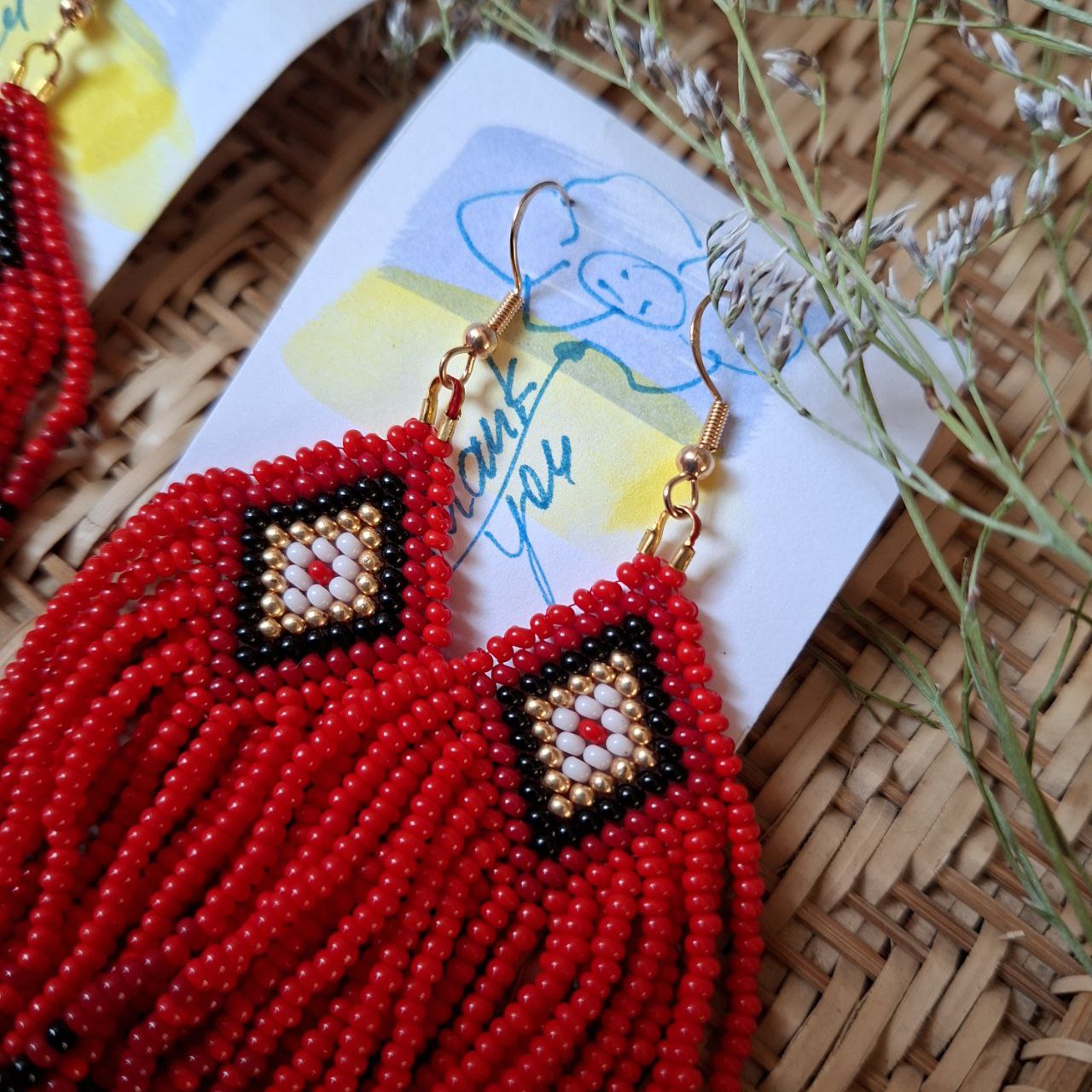 Elegant beaded earrings custom made, red, black and gold fringe options