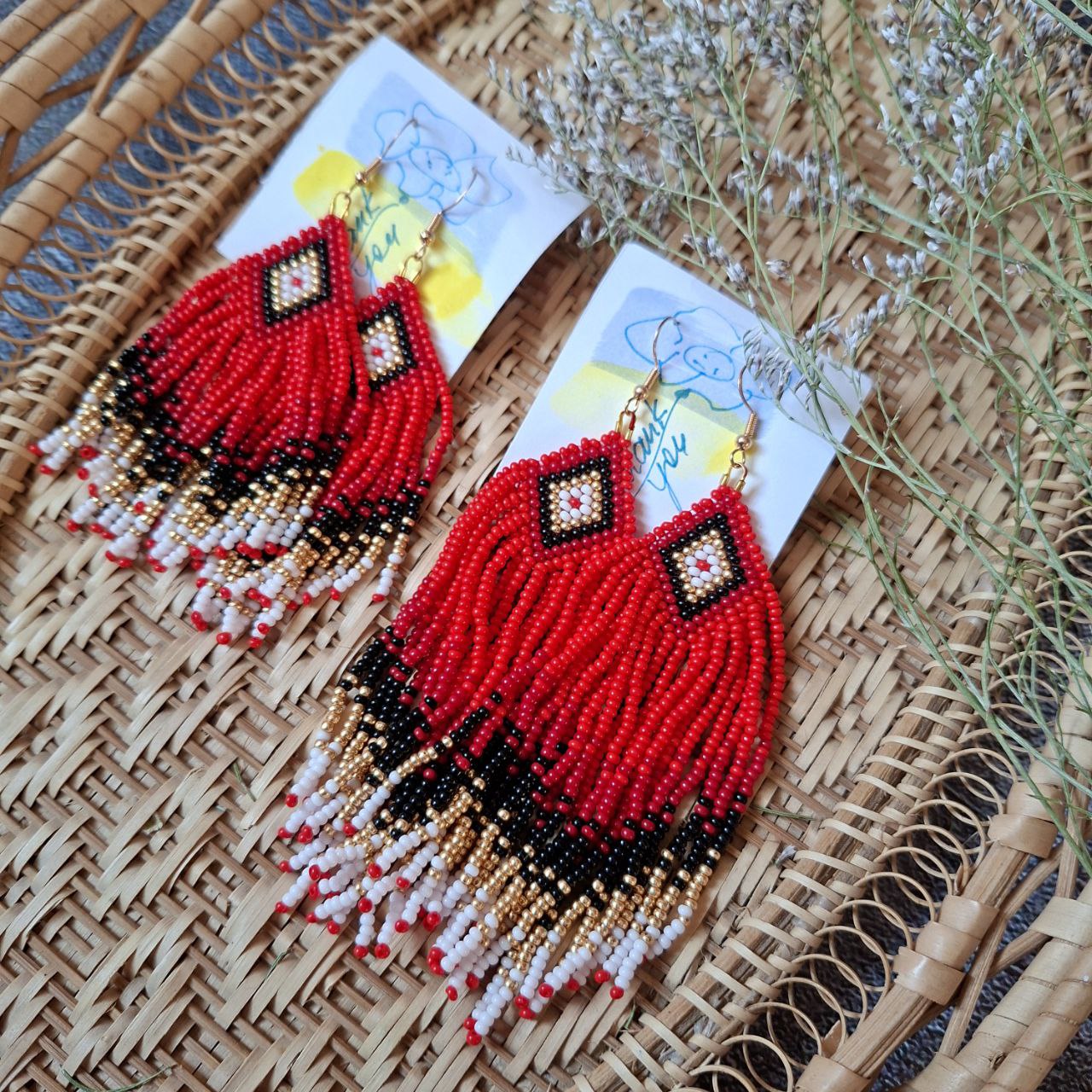 Elegant beaded earrings custom made, red, black and gold fringe options