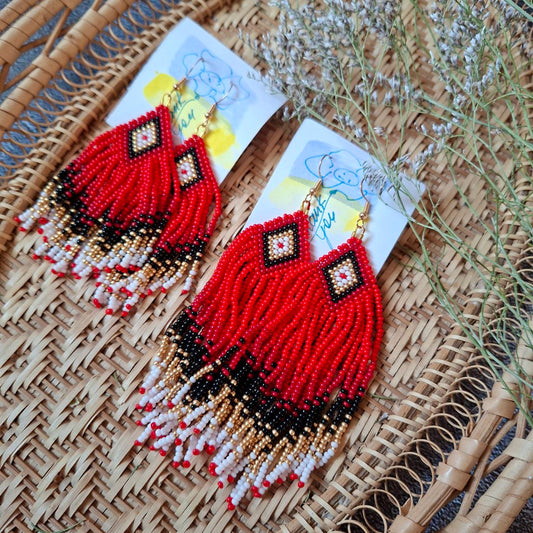 Elegant beaded earrings custom made, red, black and gold fringe options