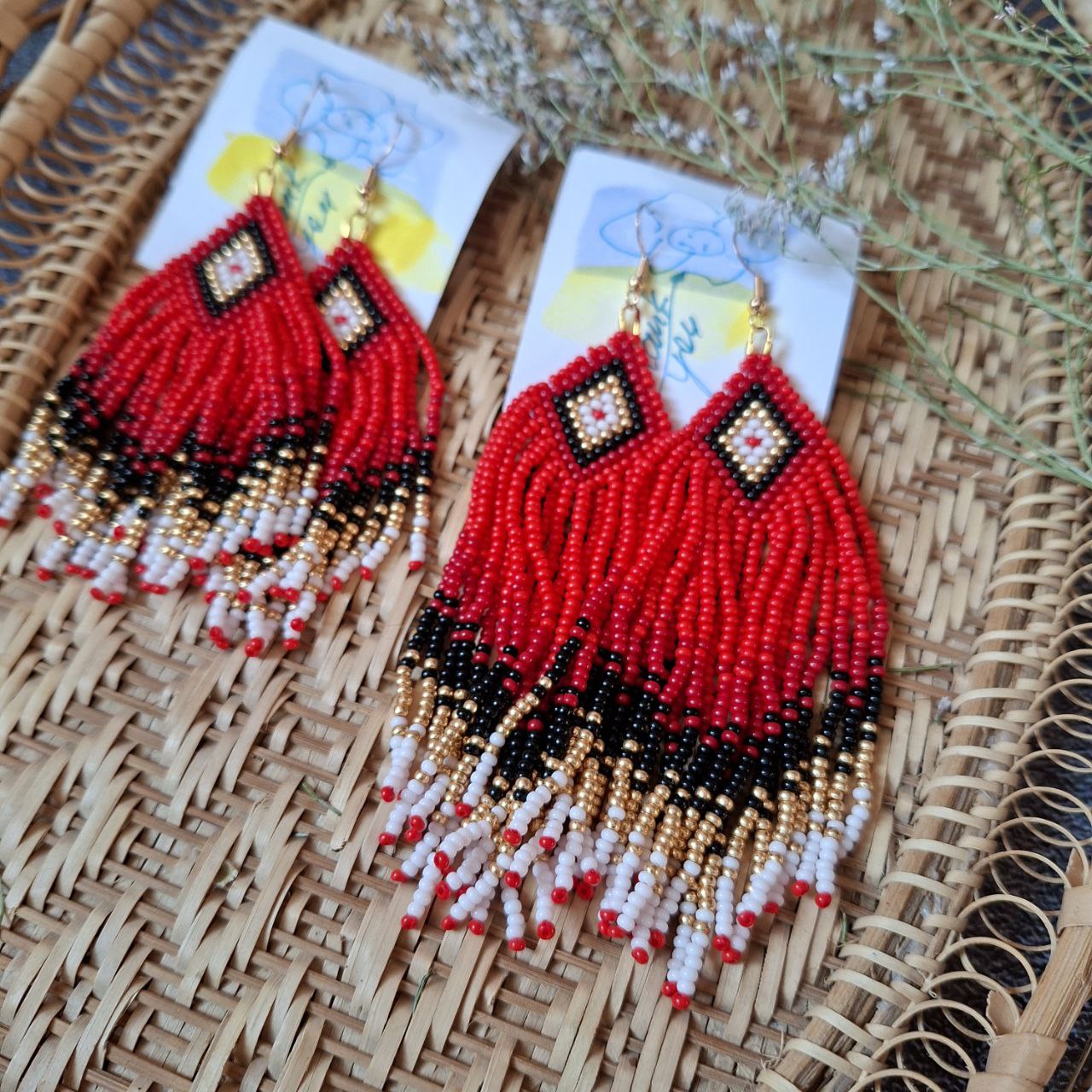 Elegant beaded earrings custom made, red, black and gold fringe options