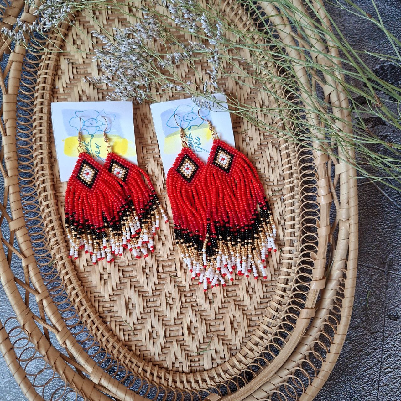 Elegant beaded earrings custom made, red, black and gold fringe options