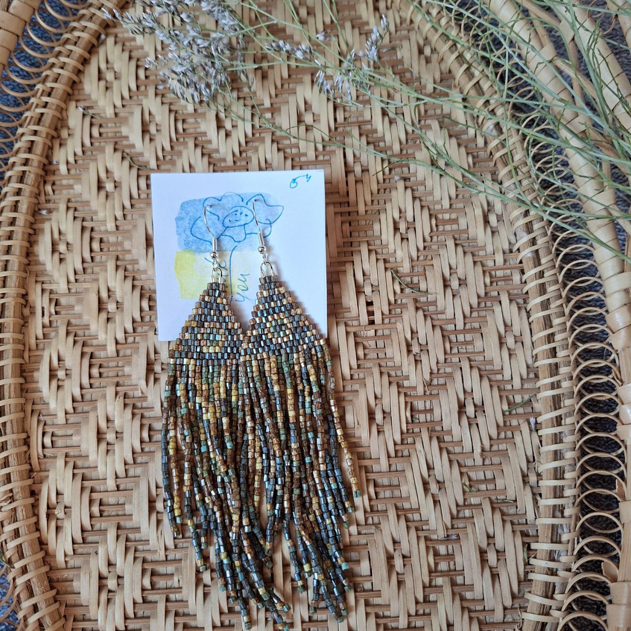 Boho Chic Seed Bead Fringe Earrings: Geometric Gemstone Accents