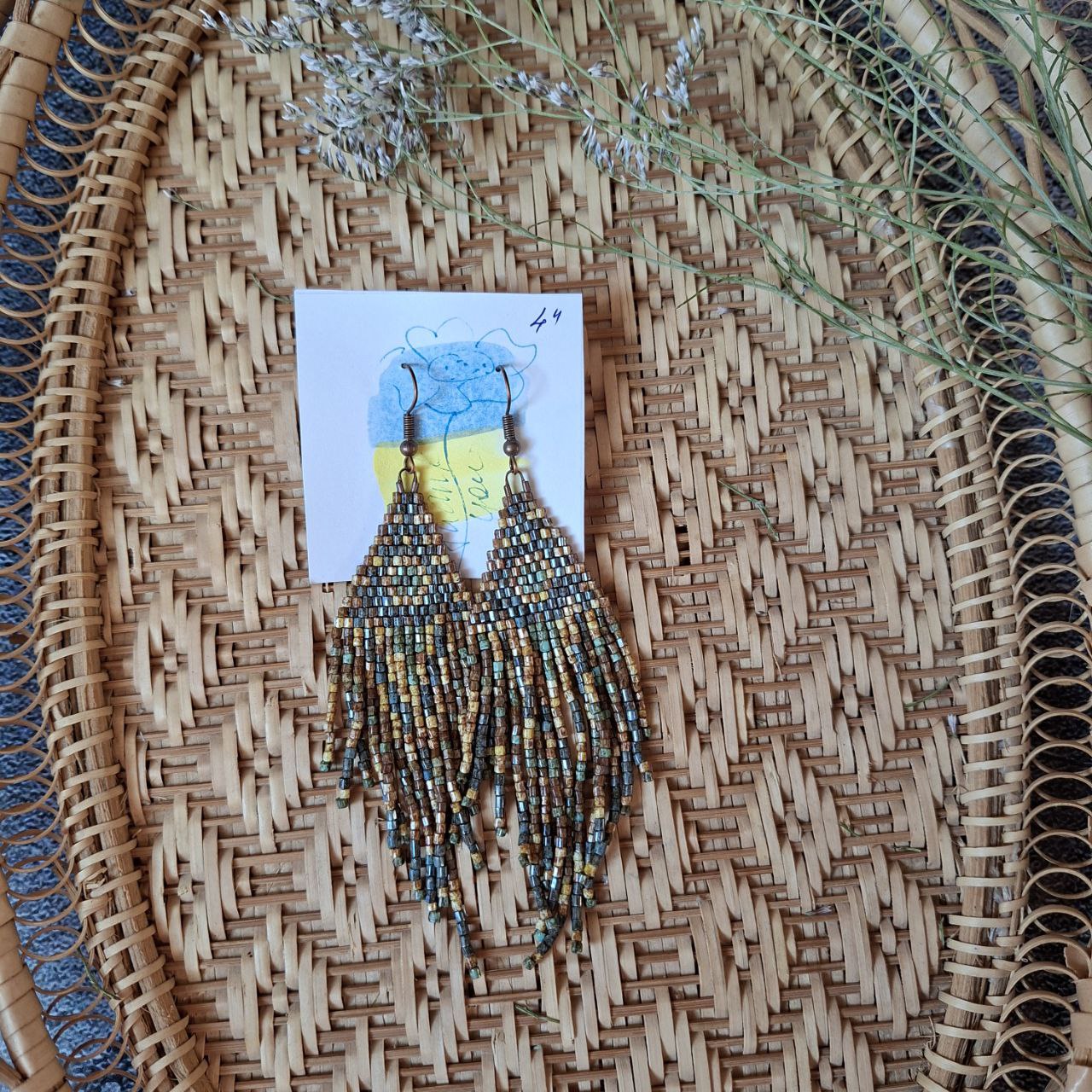 Boho Chic Seed Bead Fringe Earrings: Geometric Gemstone Accents
