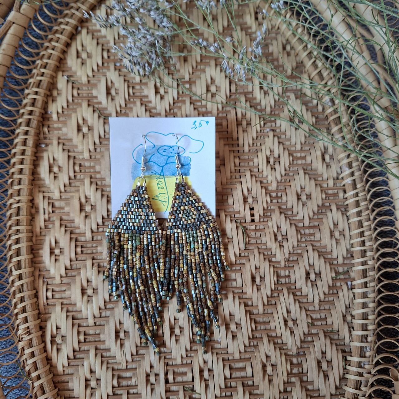 Boho Chic Seed Bead Fringe Earrings: Geometric Gemstone Accents