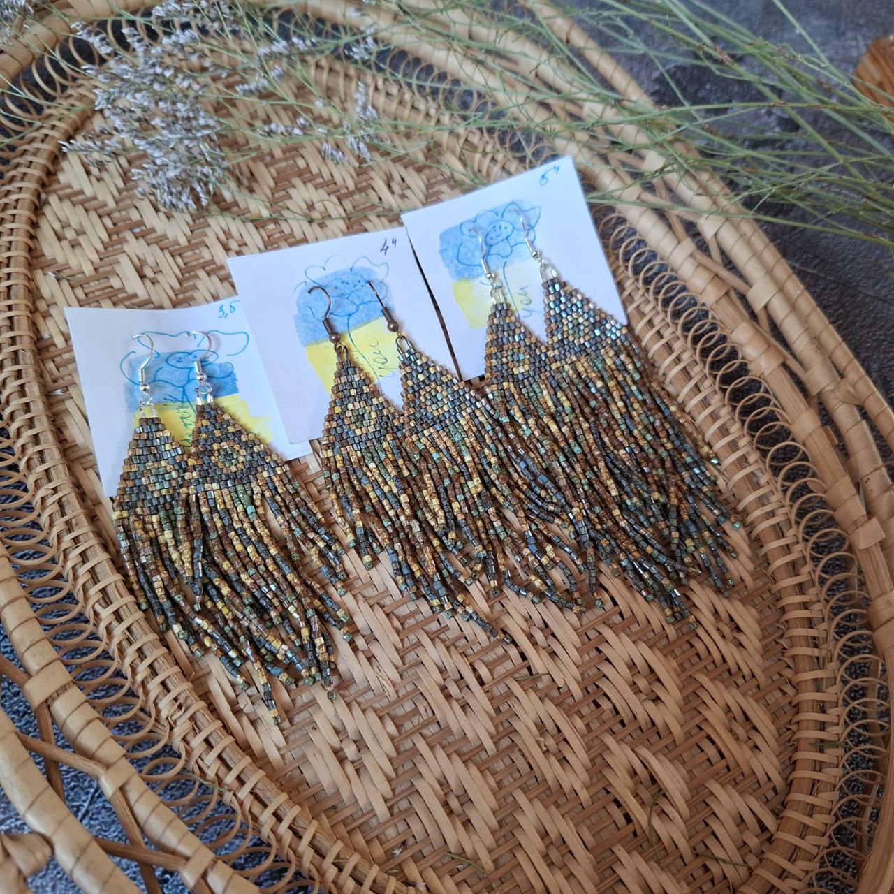 Boho Chic Seed Bead Fringe Earrings: Geometric Gemstone Accents
