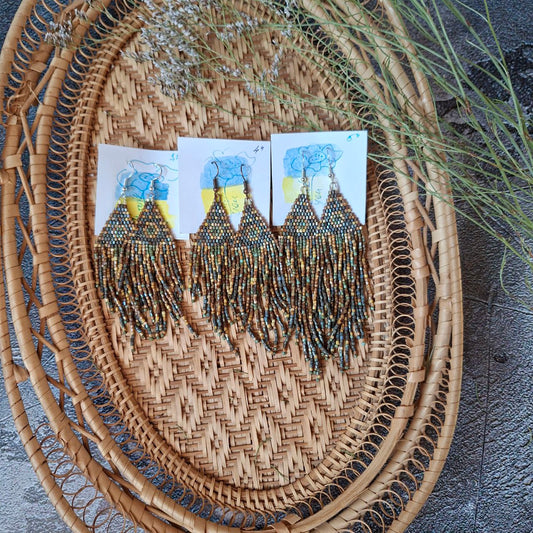 Boho Chic Seed Bead Fringe Earrings: Geometric Gemstone Accents