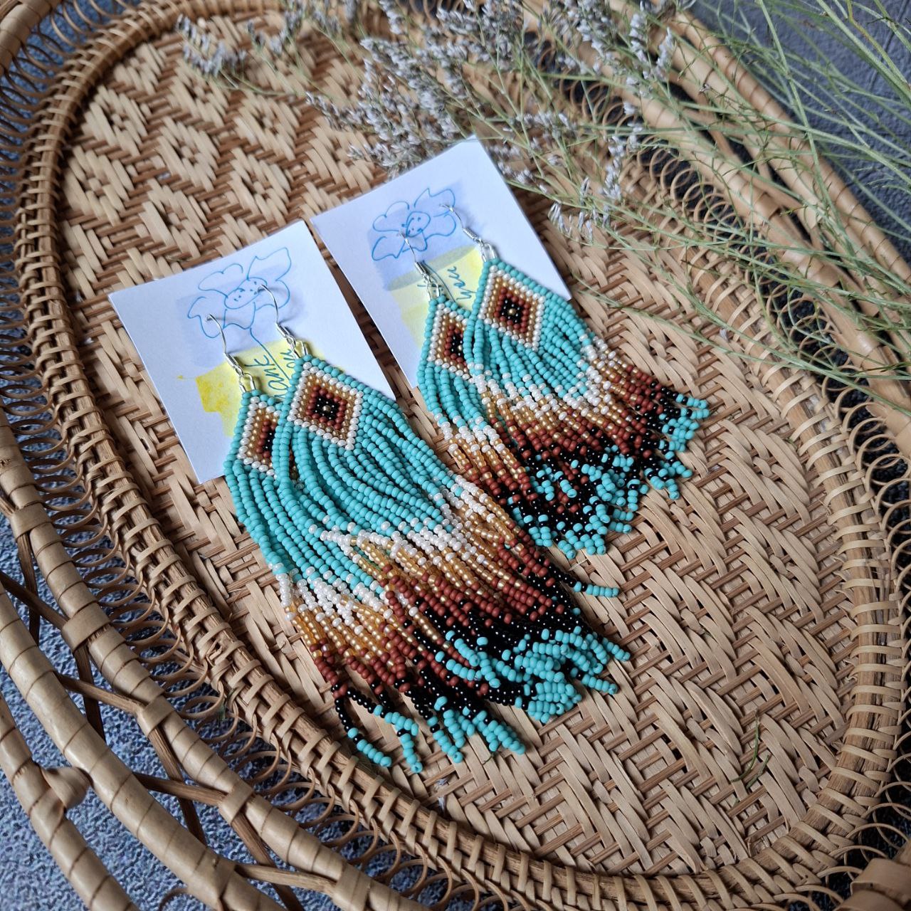 Boho Beaded Fringe Earrings: Turquoise Tribal Czech Seed Beads