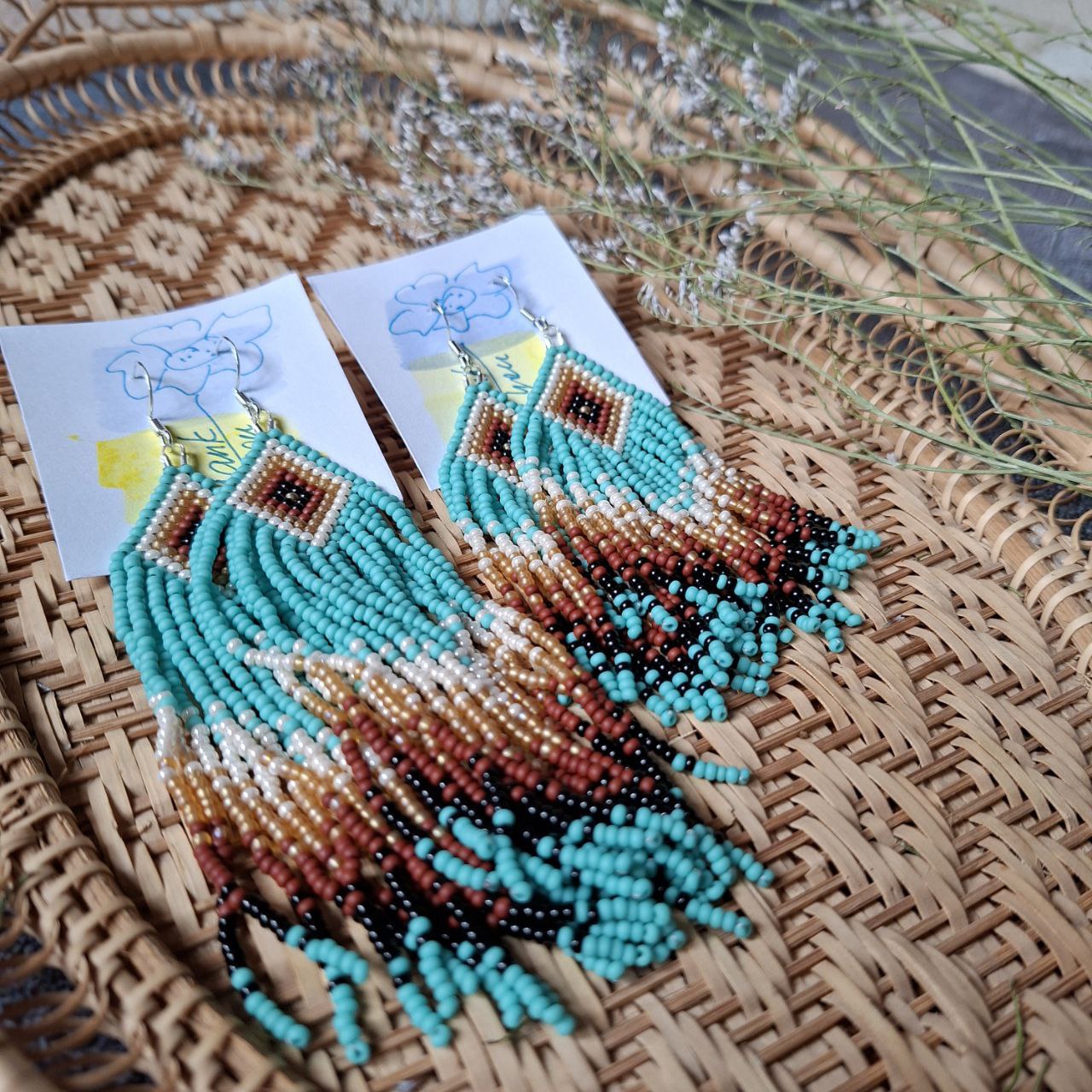Boho Beaded Fringe Earrings: Turquoise Tribal Czech Seed Beads
