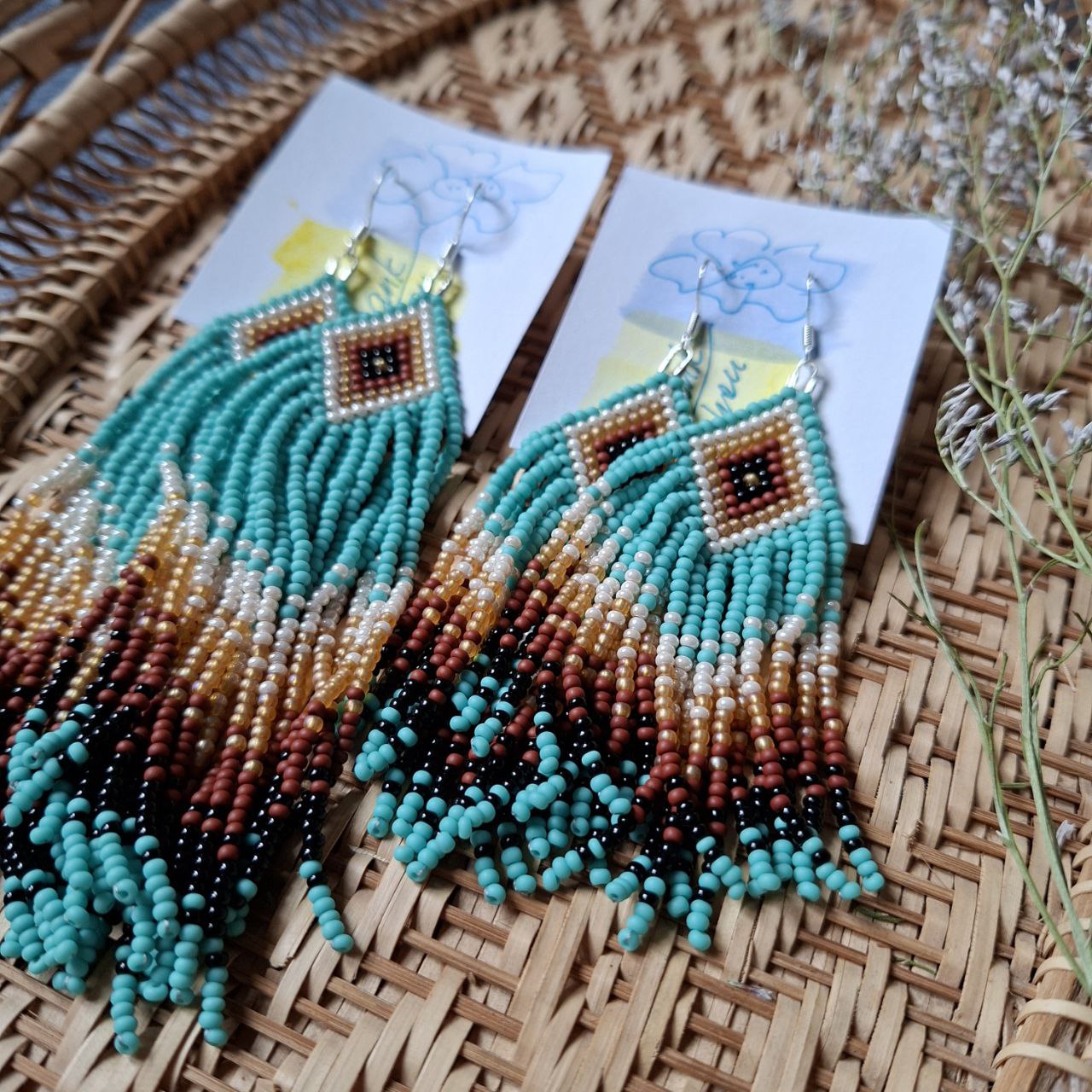 Boho Beaded Fringe Earrings: Turquoise Tribal Czech Seed Beads