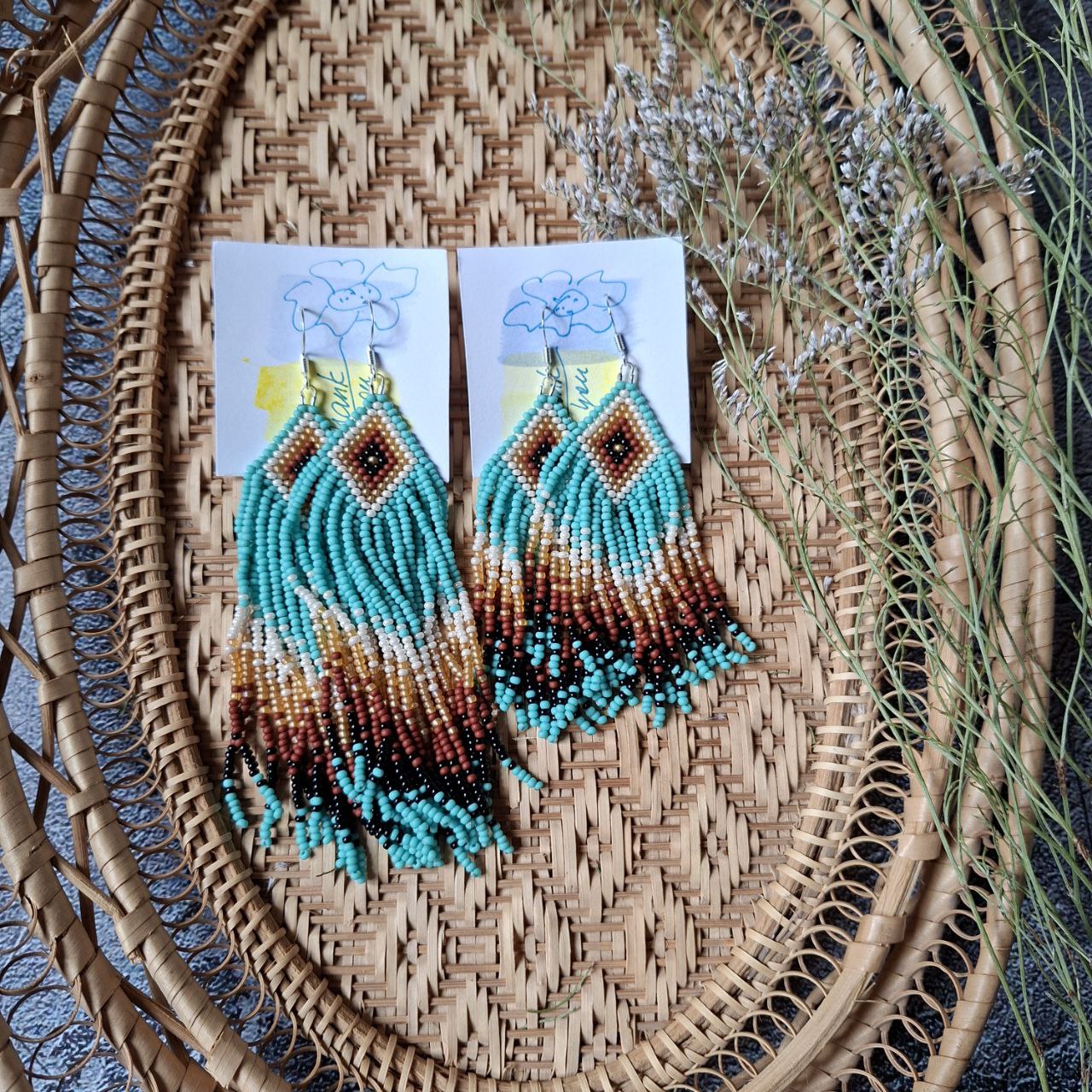 Boho Beaded Fringe Earrings: Turquoise Tribal Czech Seed Beads