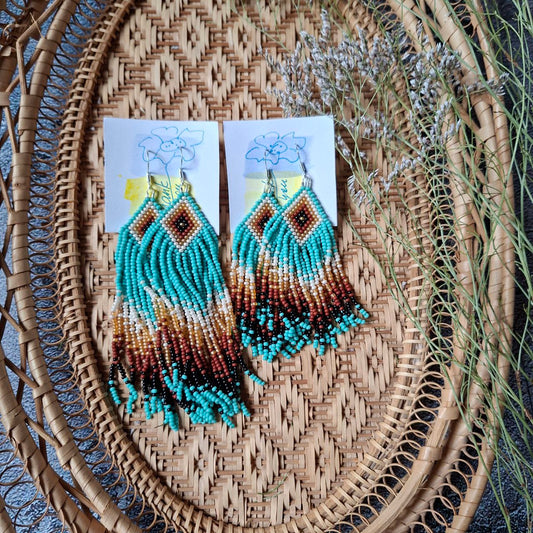 Boho Beaded Fringe Earrings: Turquoise Tribal Czech Seed Beads