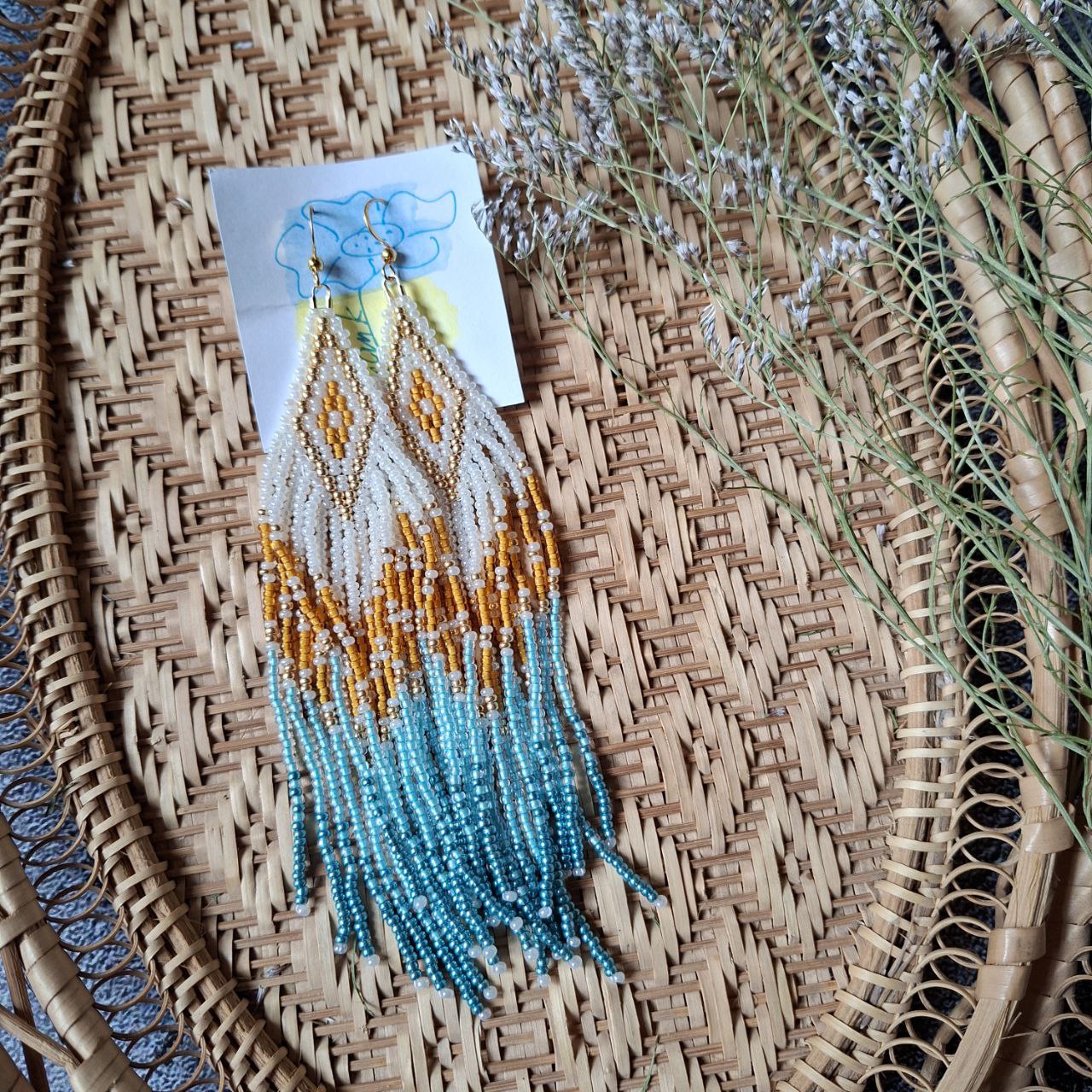 Geometric boho fringe earrings with seed beads