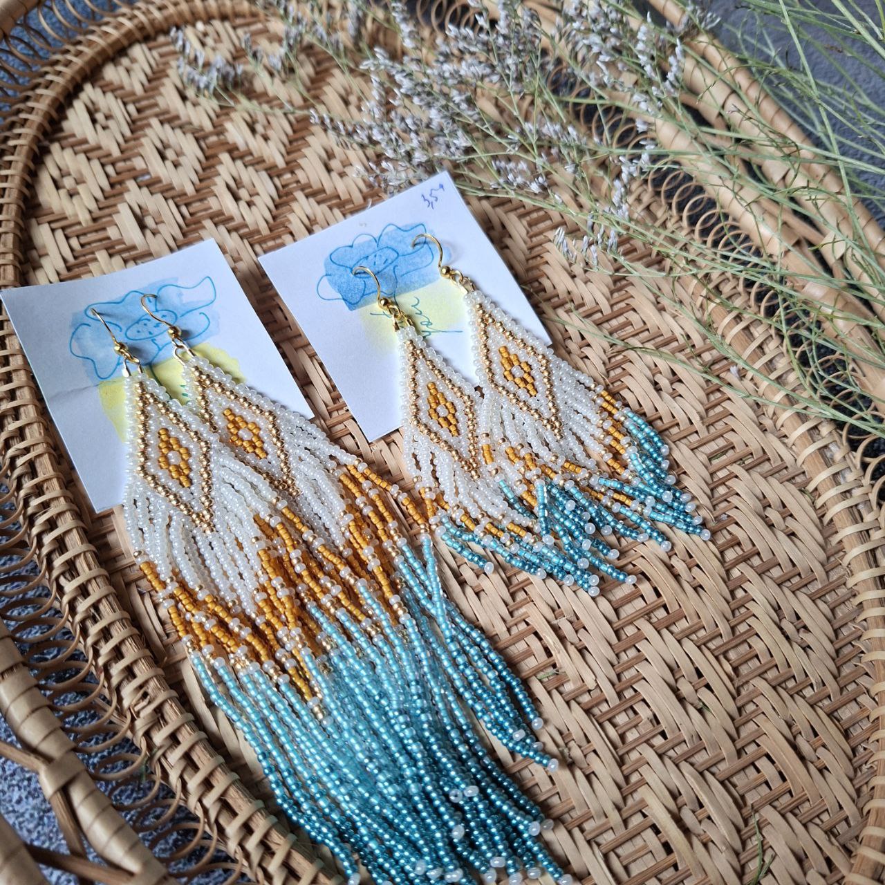 Handmade turquoise and gold beaded fringe earrings