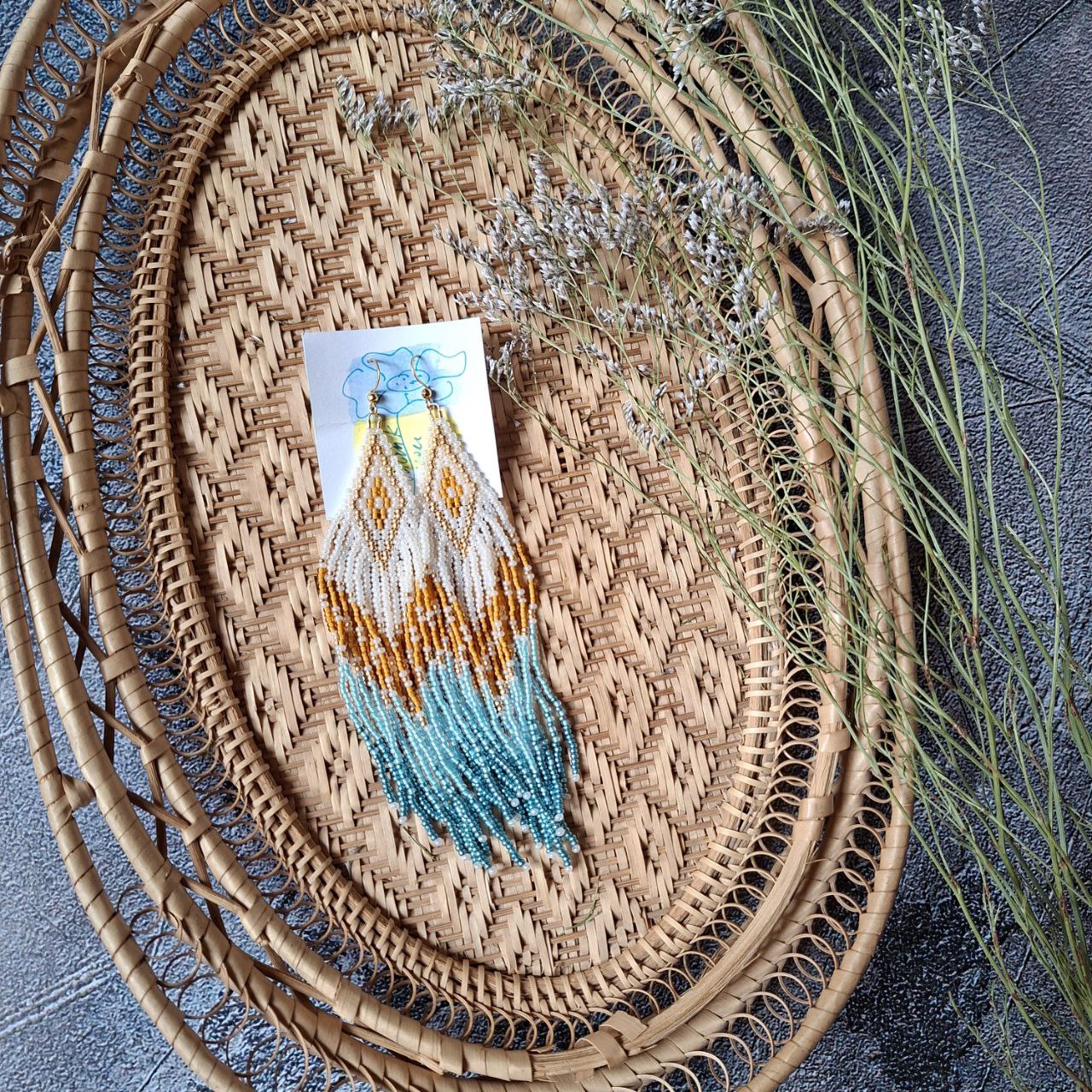 White and turquoise seed bead earrings with long fringe