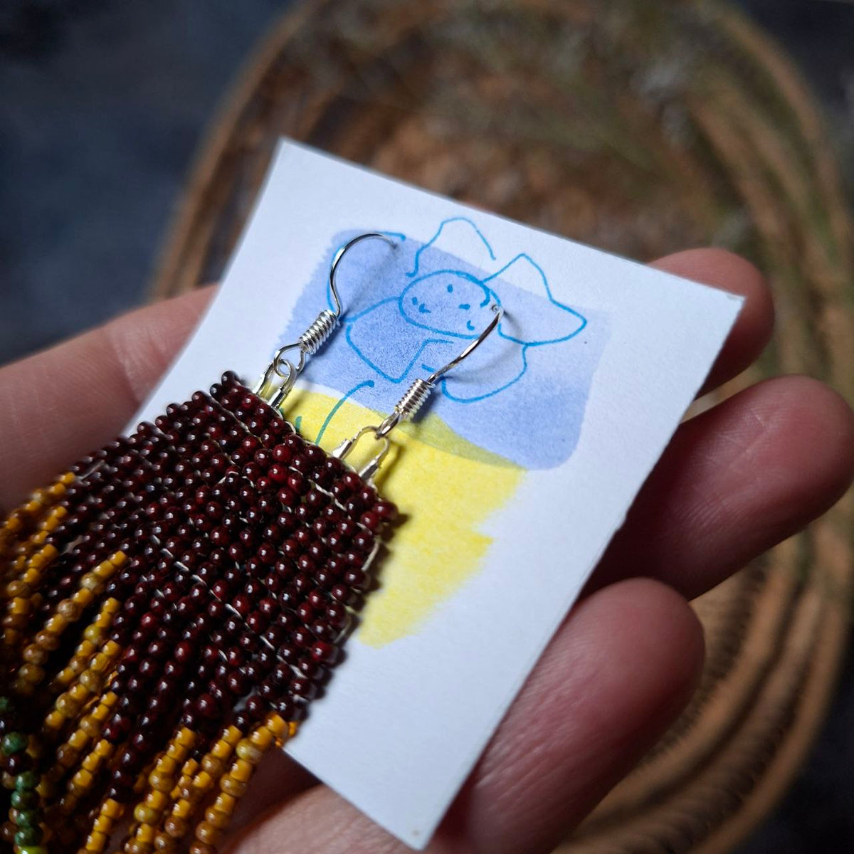 Handmade Seed Bead Earrings in burgundy, mustard