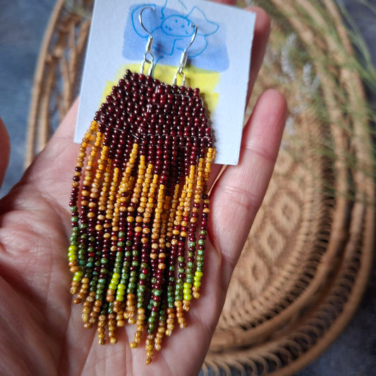 Handmade Seed Bead Earrings in burgundy, mustard