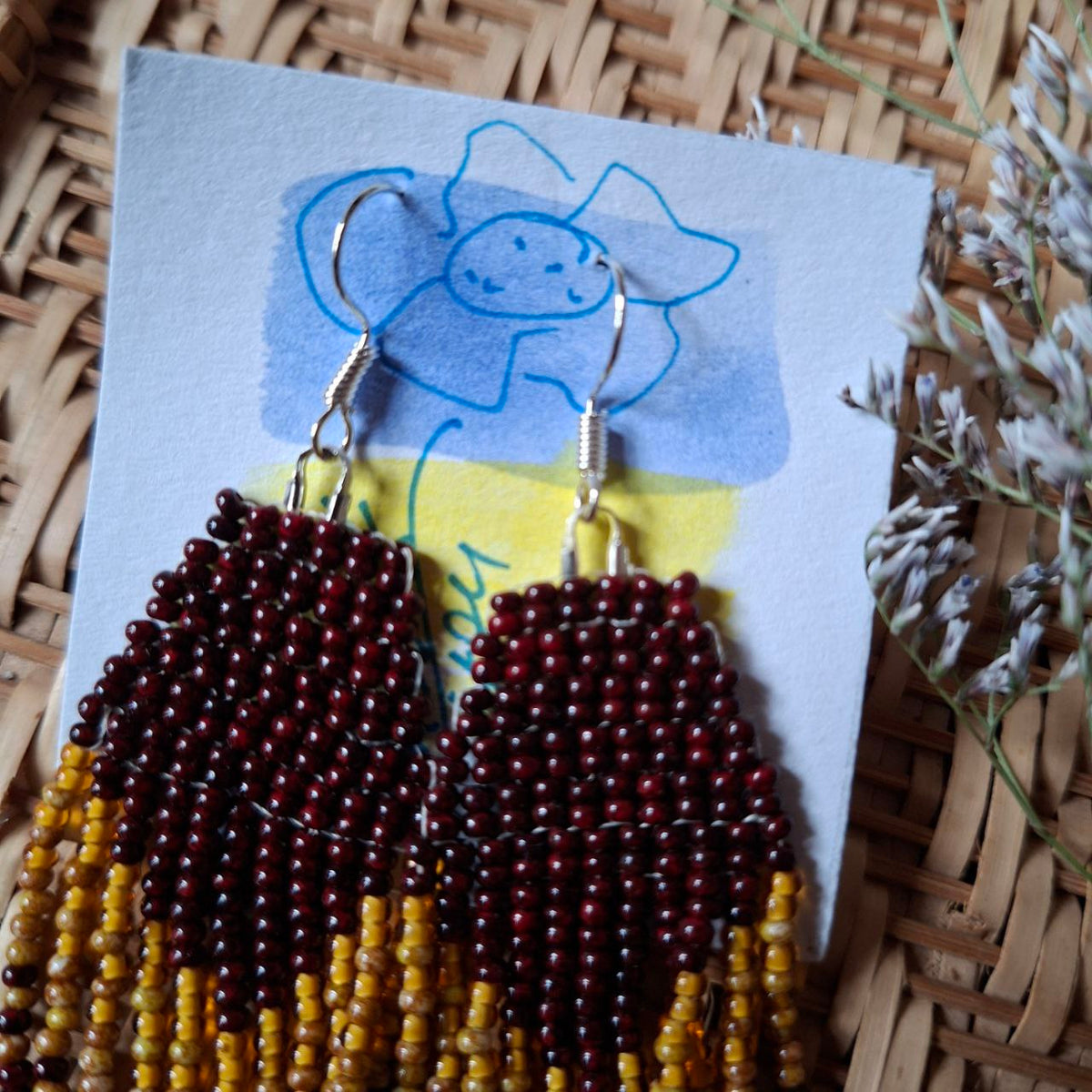 Handmade Seed Bead Earrings in burgundy, mustard