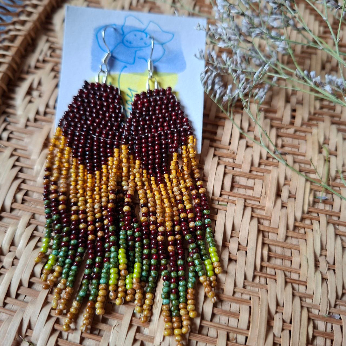 Handmade Seed Bead Earrings in burgundy, mustard