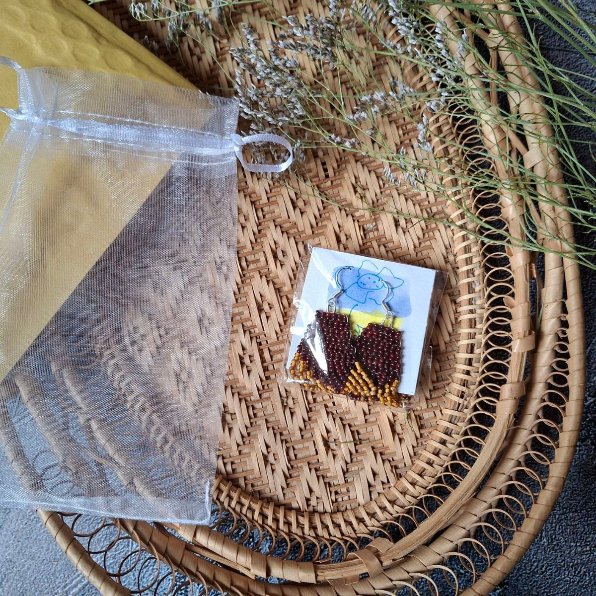 Handmade Seed Bead Earrings in burgundy, mustard