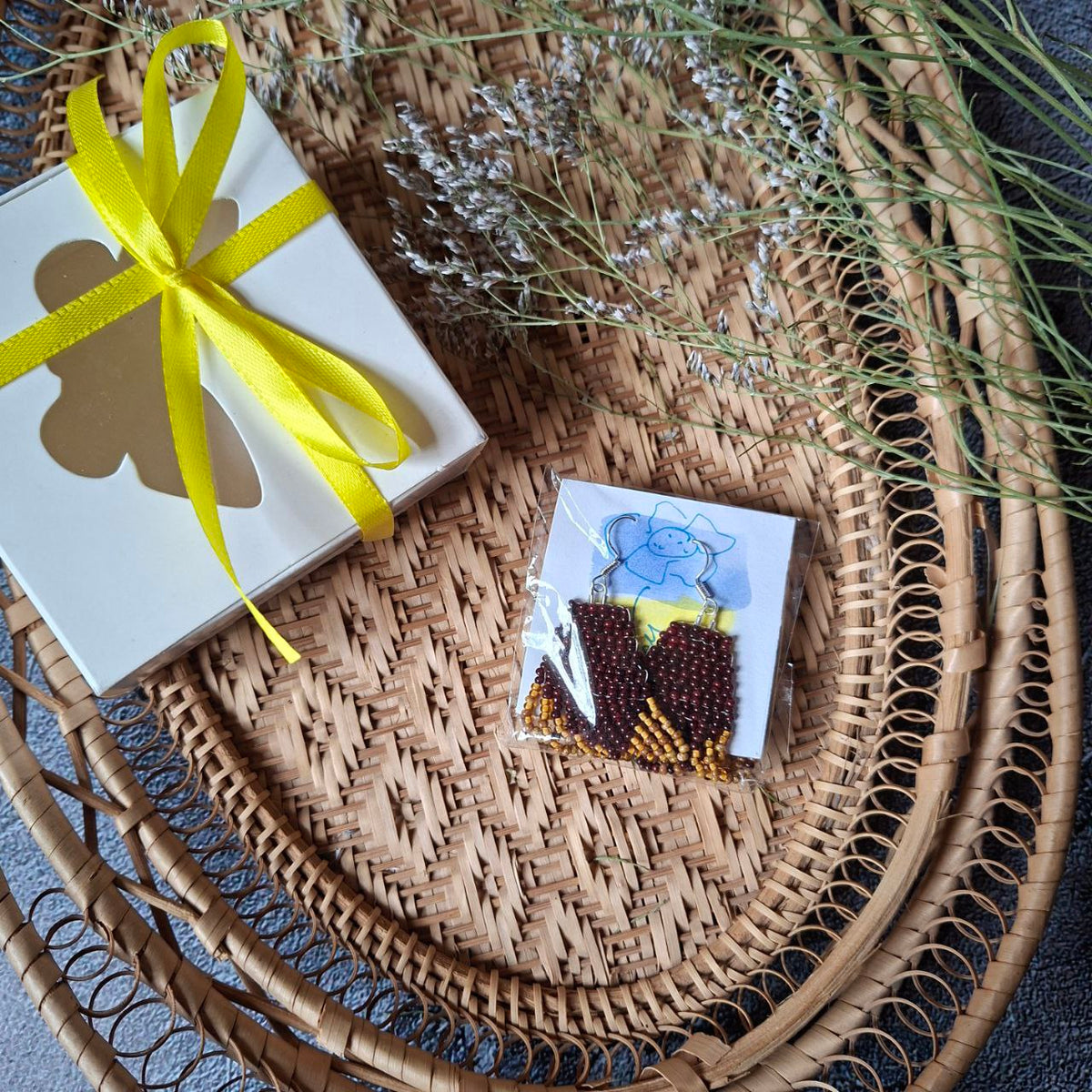 Handmade Seed Bead Earrings in burgundy, mustard