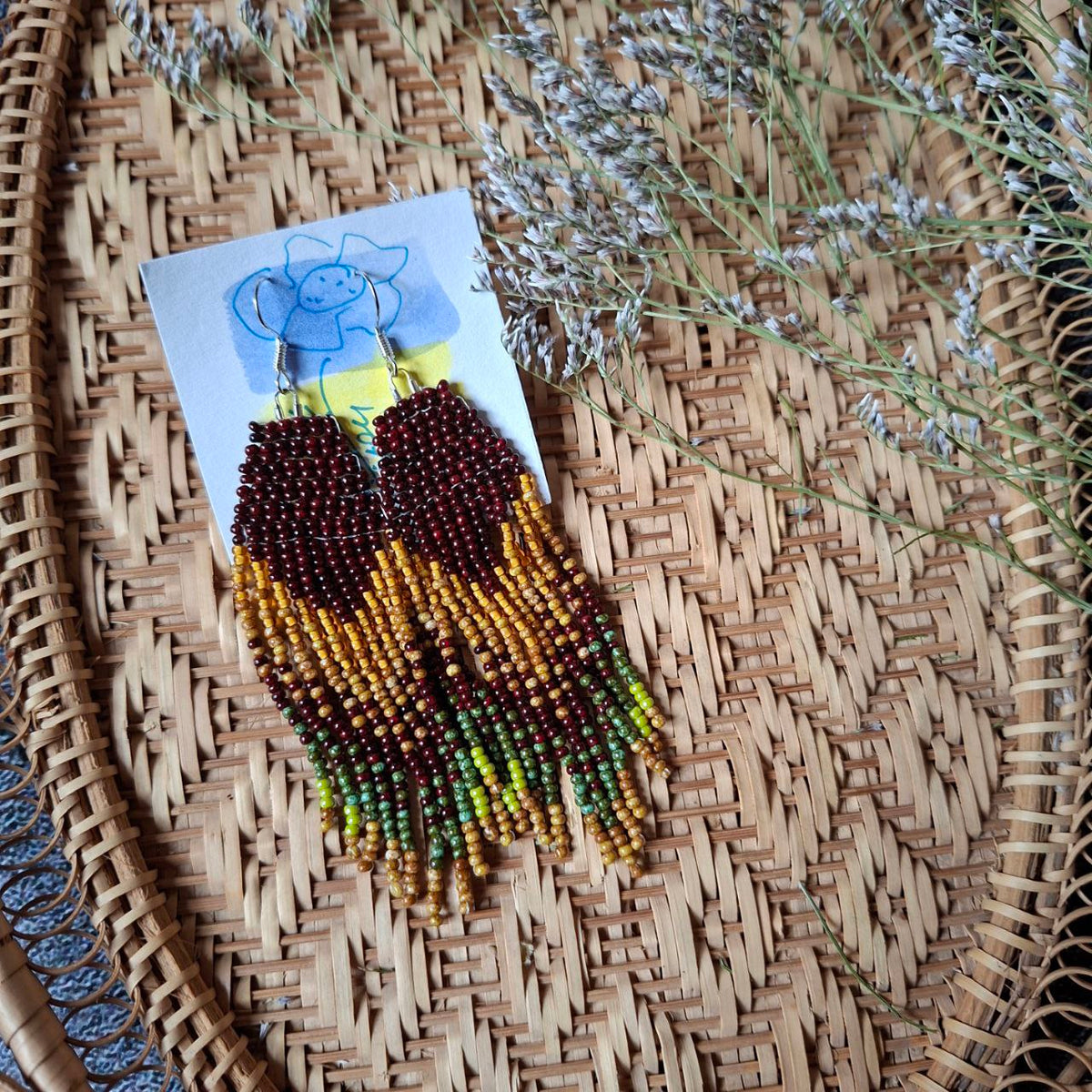 Handmade Seed Bead Earrings in burgundy, mustard