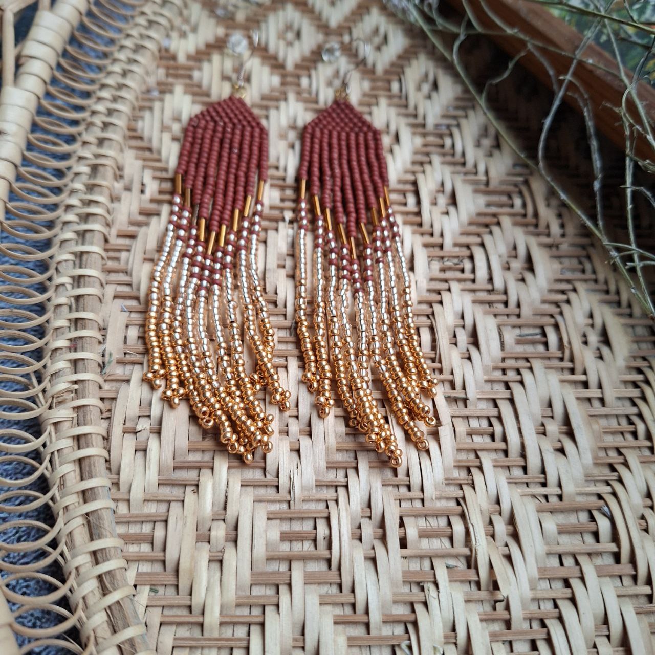 Long Beaded Fringe Earrings, Earthy Brown Gold Boho Earrings