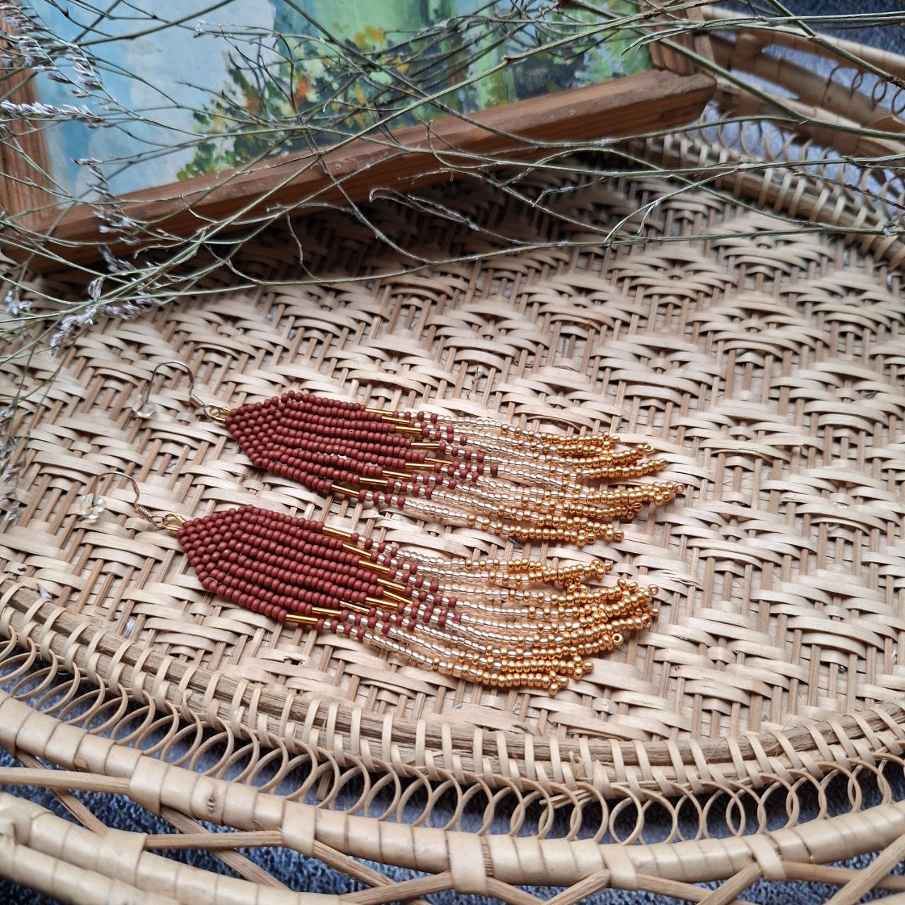 Long Beaded Fringe Earrings, Earthy Brown Gold Boho Earrings