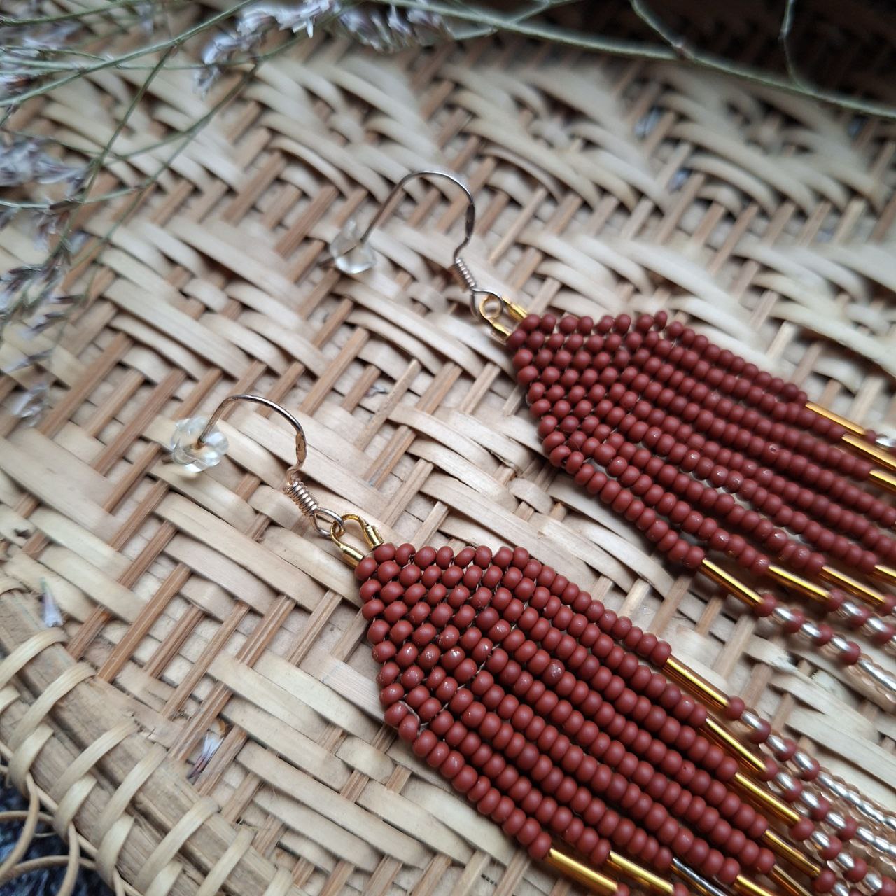 Long Beaded Fringe Earrings, Earthy Brown Gold Boho Earrings