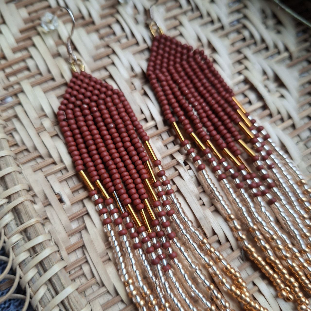 Long Beaded Fringe Earrings, Earthy Brown Gold Boho Earrings