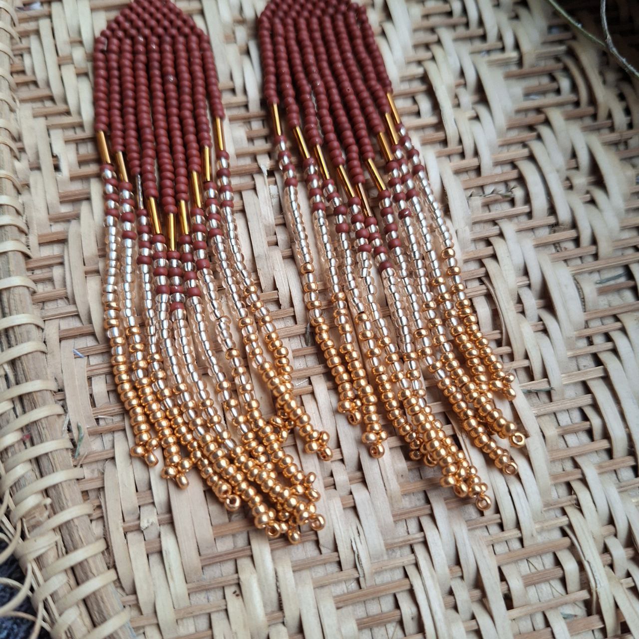 Long Beaded Fringe Earrings, Earthy Brown Gold Boho Earrings