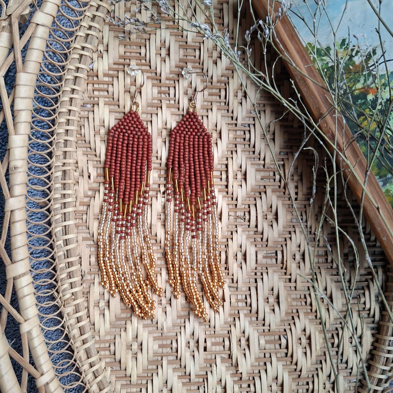 Long Beaded Fringe Earrings, Earthy Brown Gold Boho Earrings