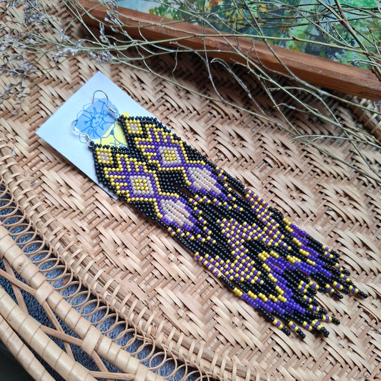 Long Beaded Fringe Earrings Black Purple Yellow