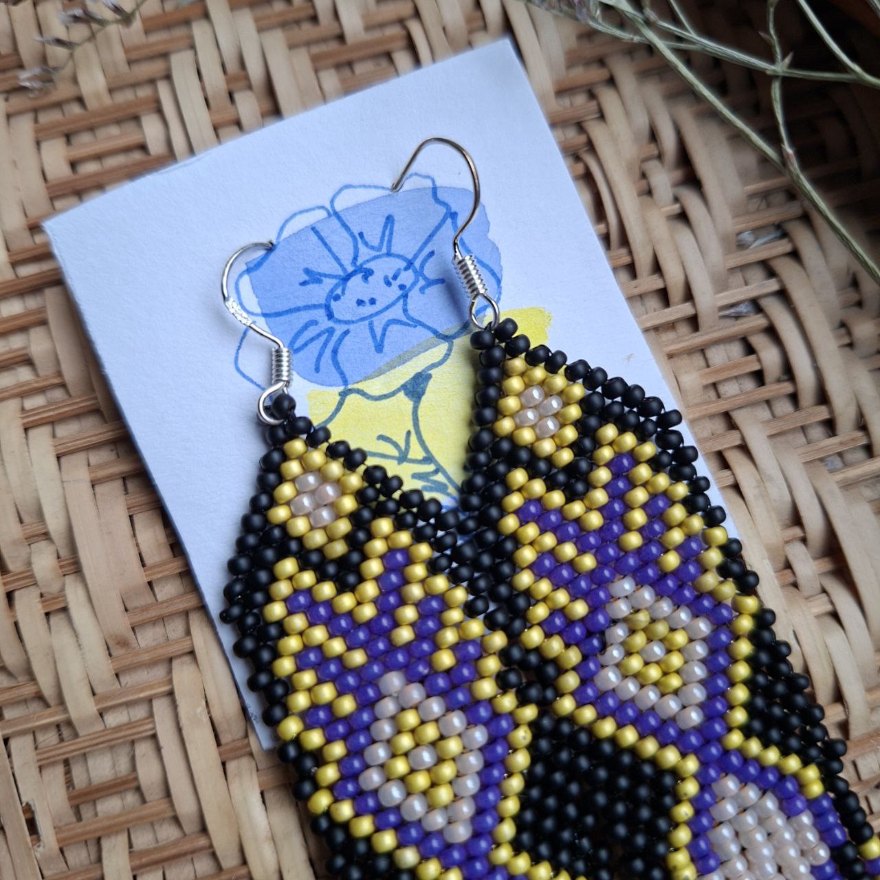 Long Beaded Fringe Earrings Black Purple Yellow