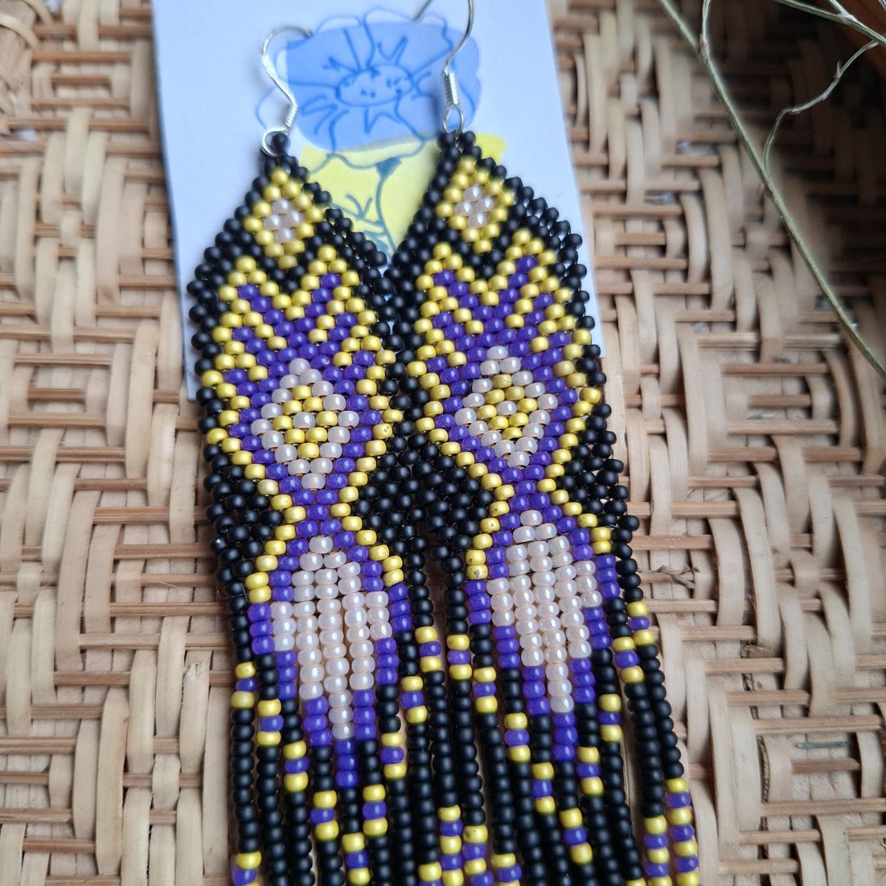 Long Beaded Fringe Earrings Black Purple Yellow